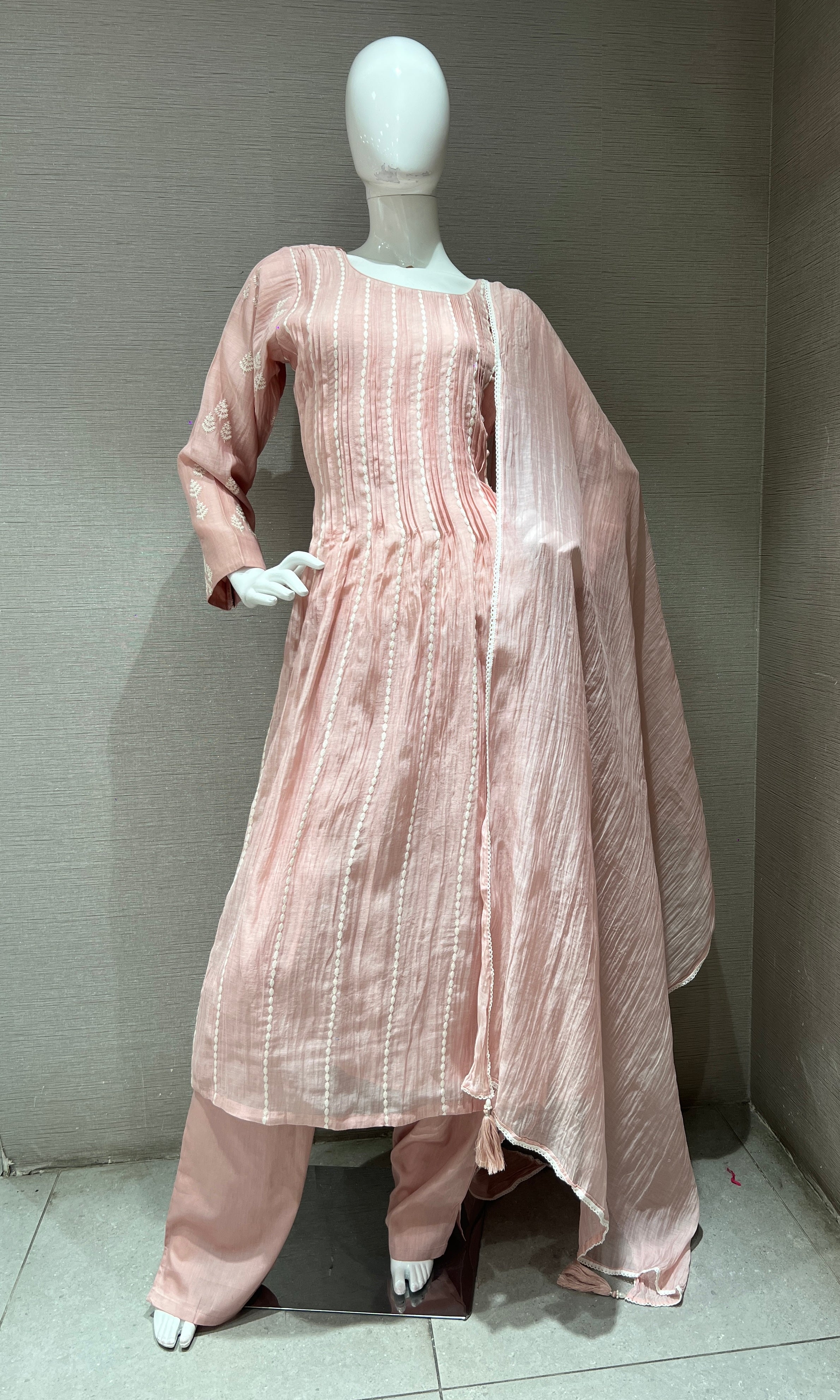 Pink Embroidered Stripes Anarkali Set