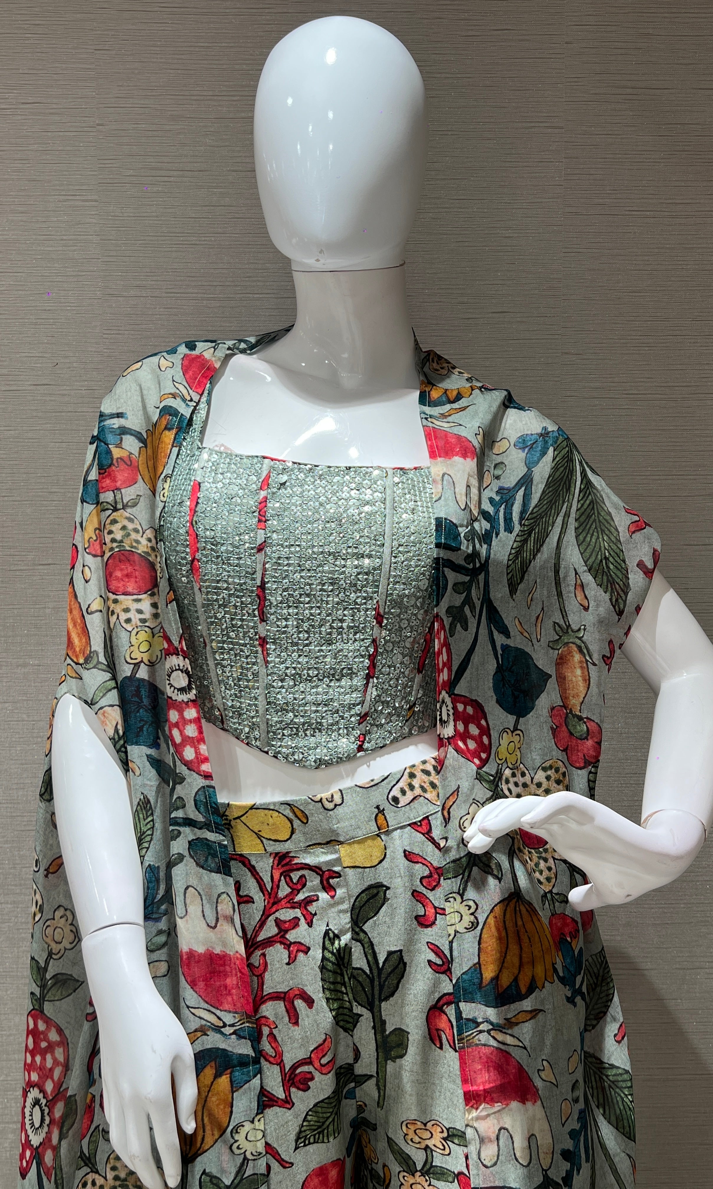 Green floral print palazzo with cape