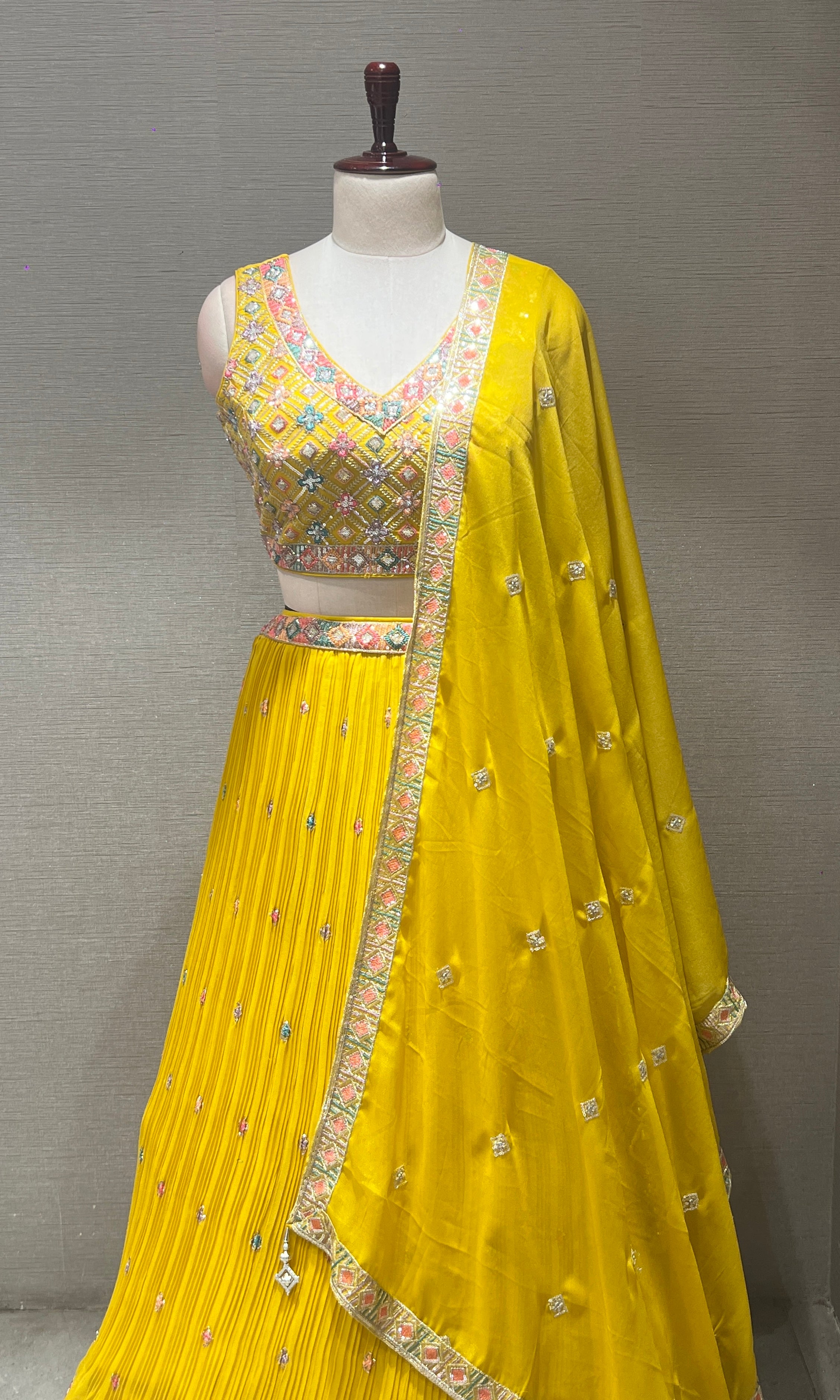 Yellow floral embroidered lehenga