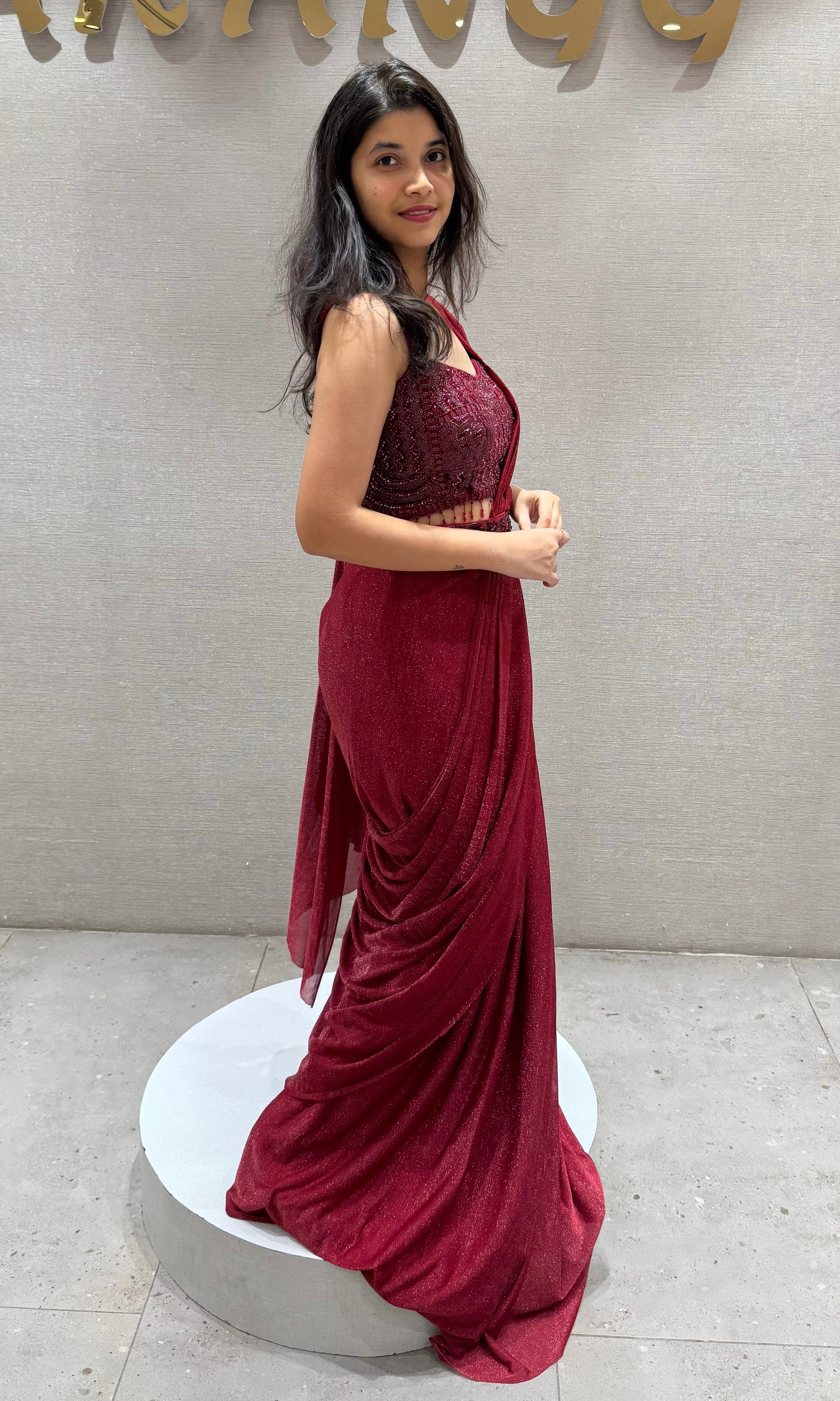 Maroon sequin embroidered drape saree