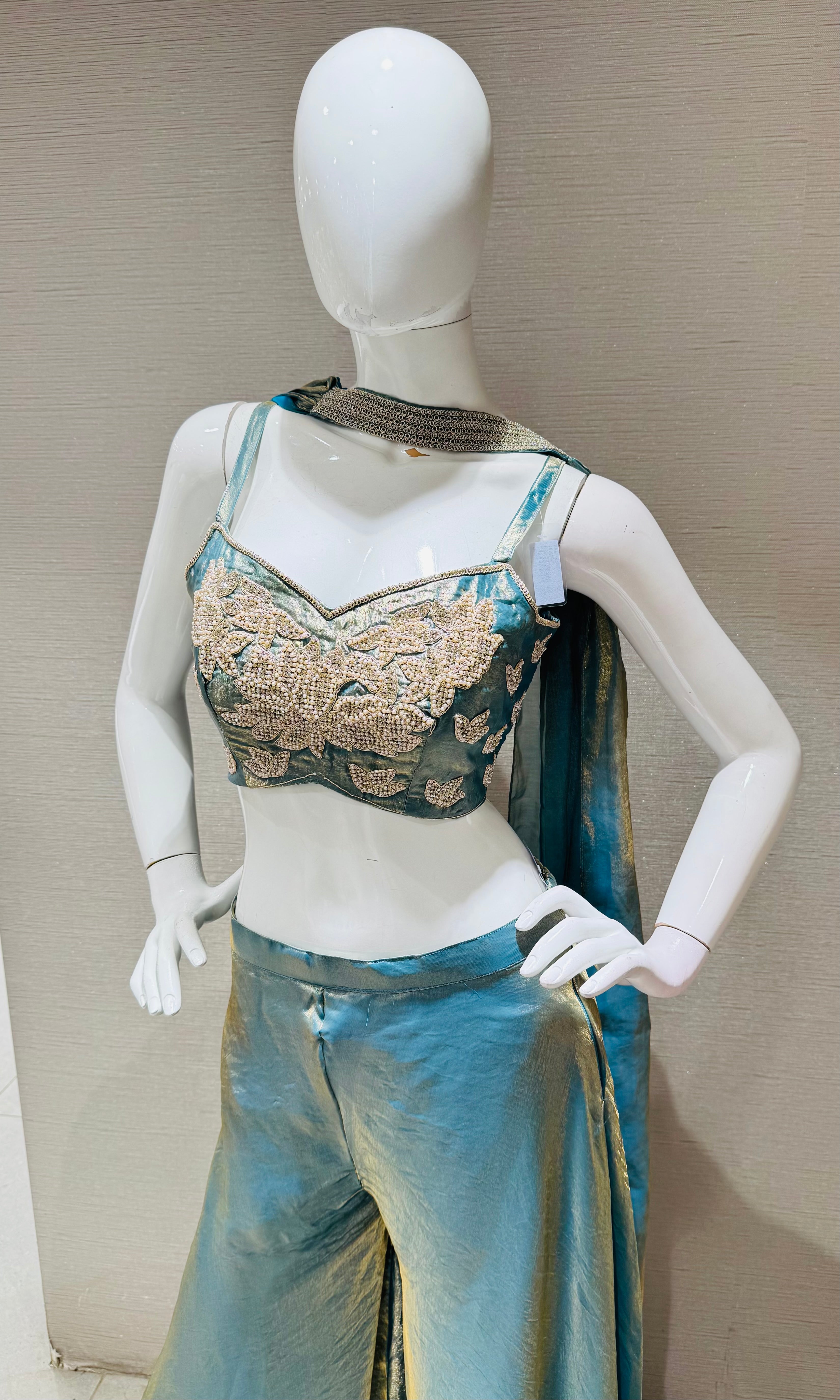 Sea Blue A-Line Shimmer Tissue Palazzo Set