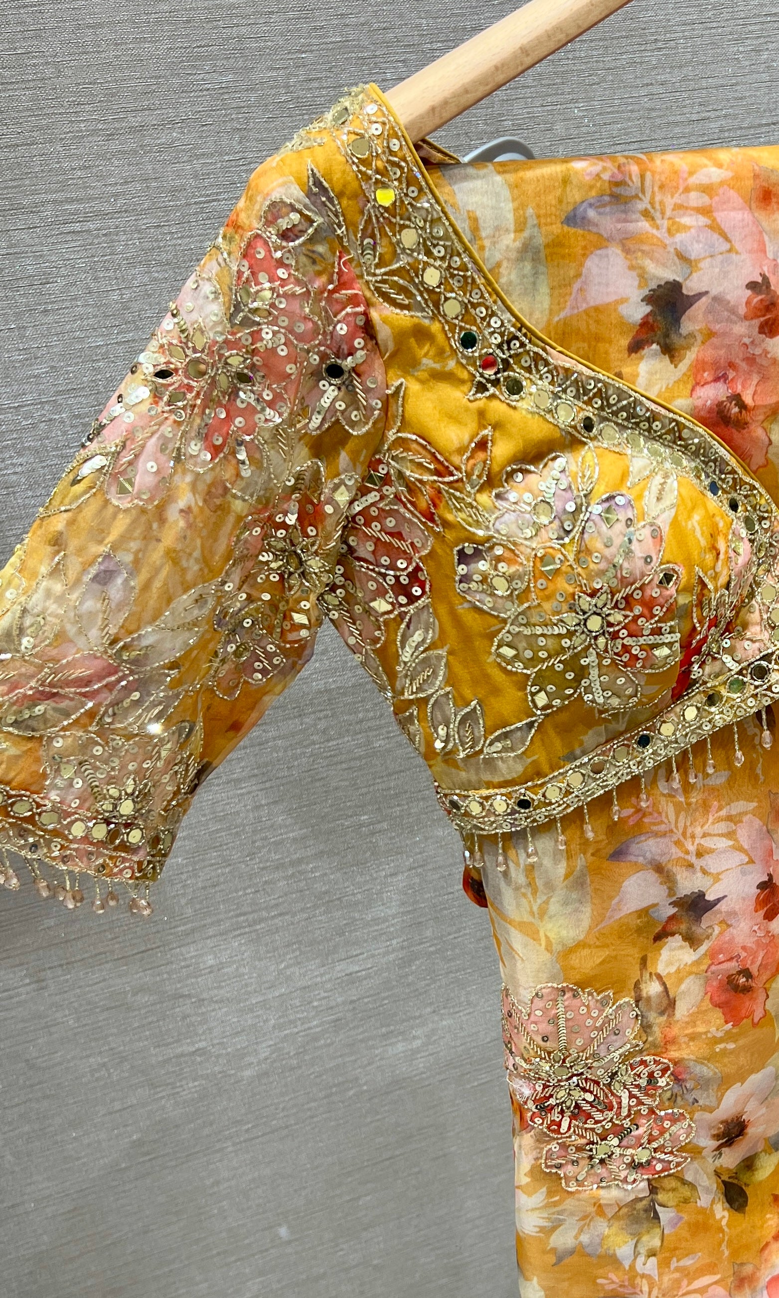 Mustard yellow floral saree with ready blouse