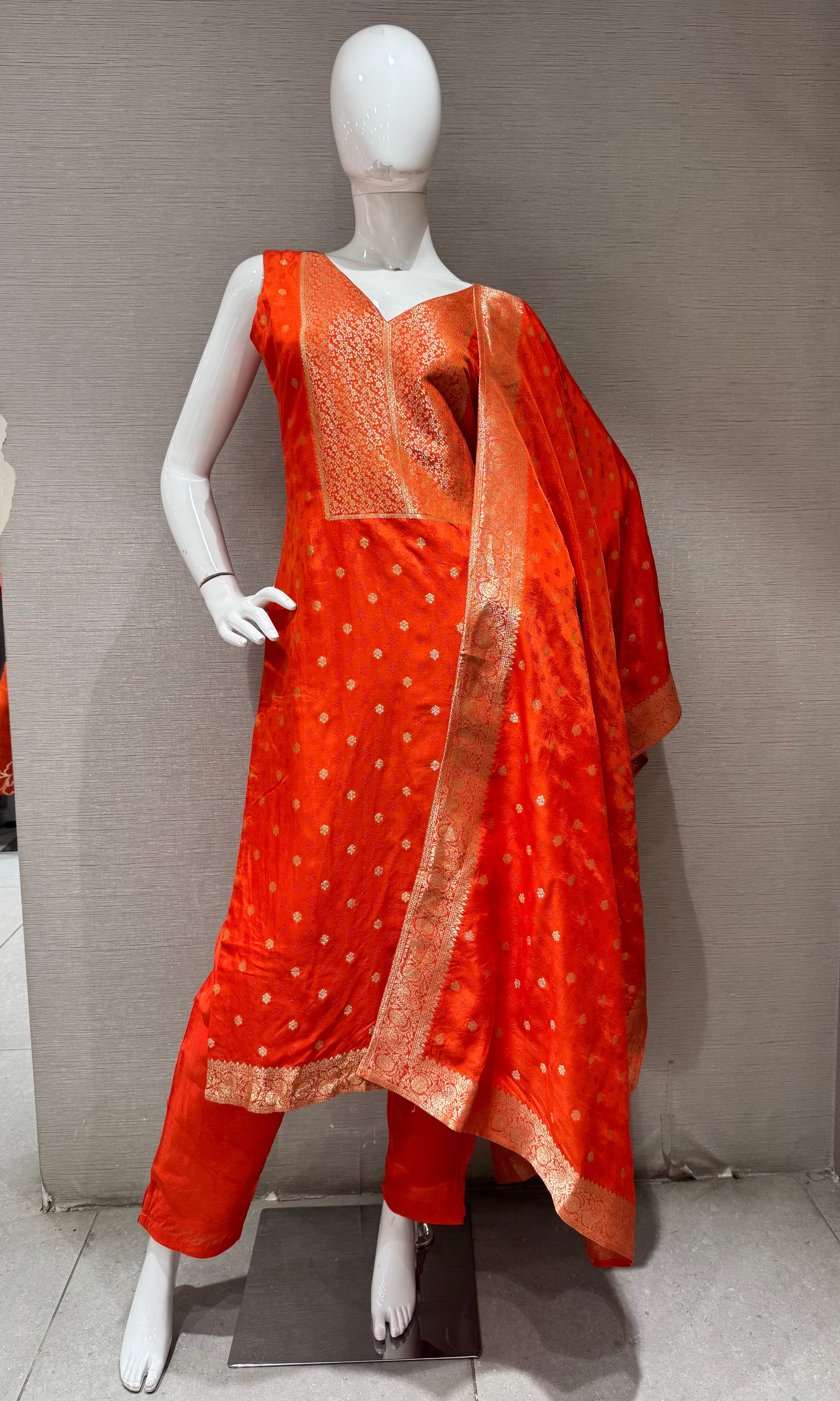 Orange Banarasi silk Kurta set with Golden Border dupatta