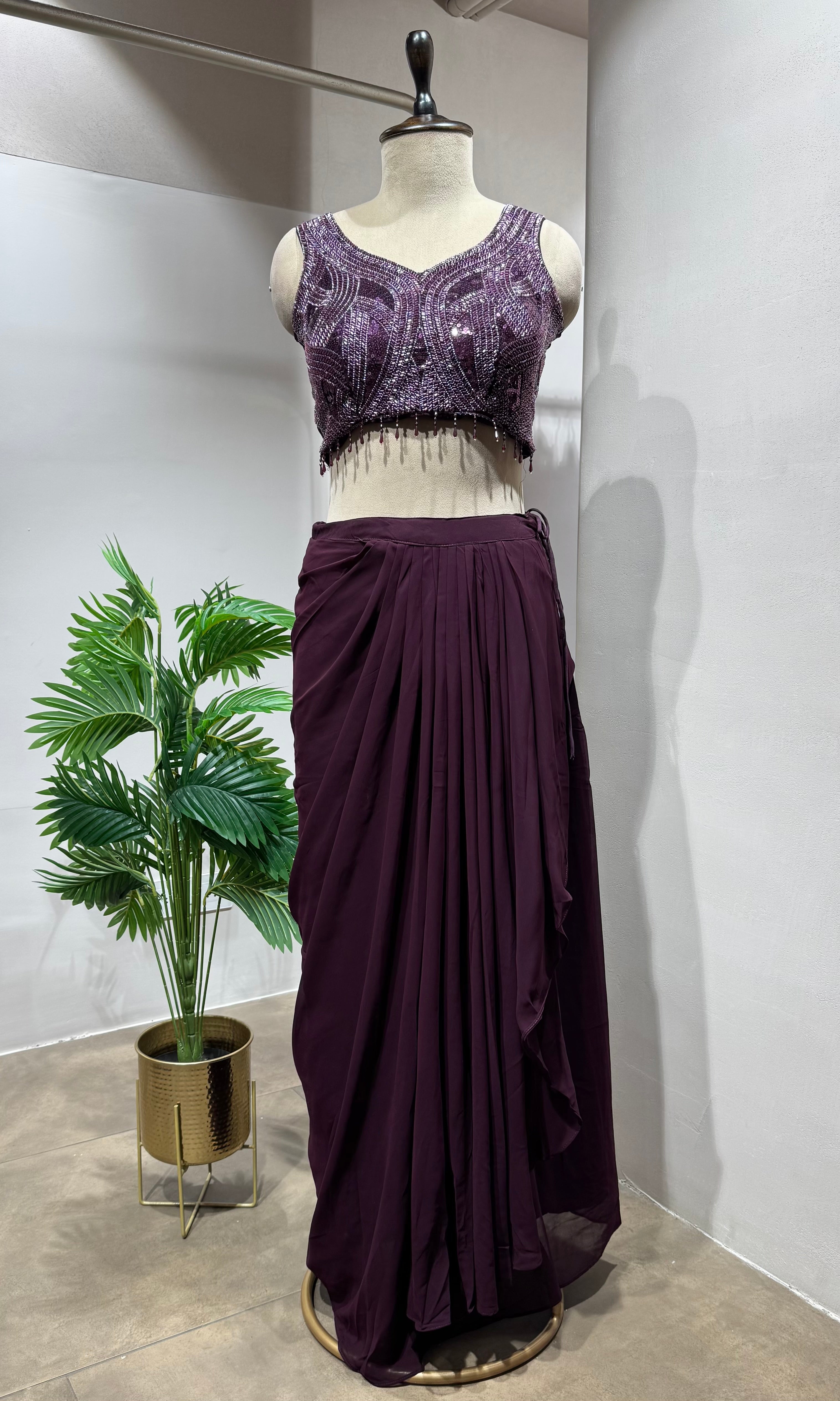 Wine Embellished Drape skirt Set with Flowing Cape