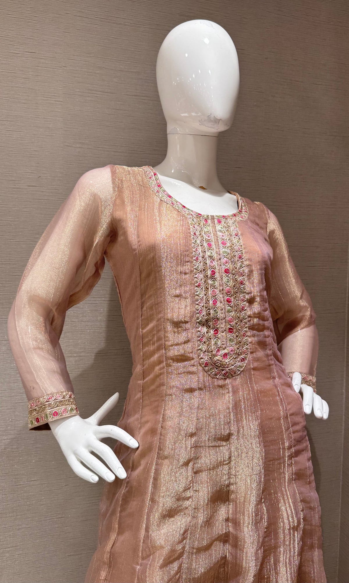 PEACH EMBROIDERED TISSUE ANARKALI SET WITH FLORAL DUPATTA