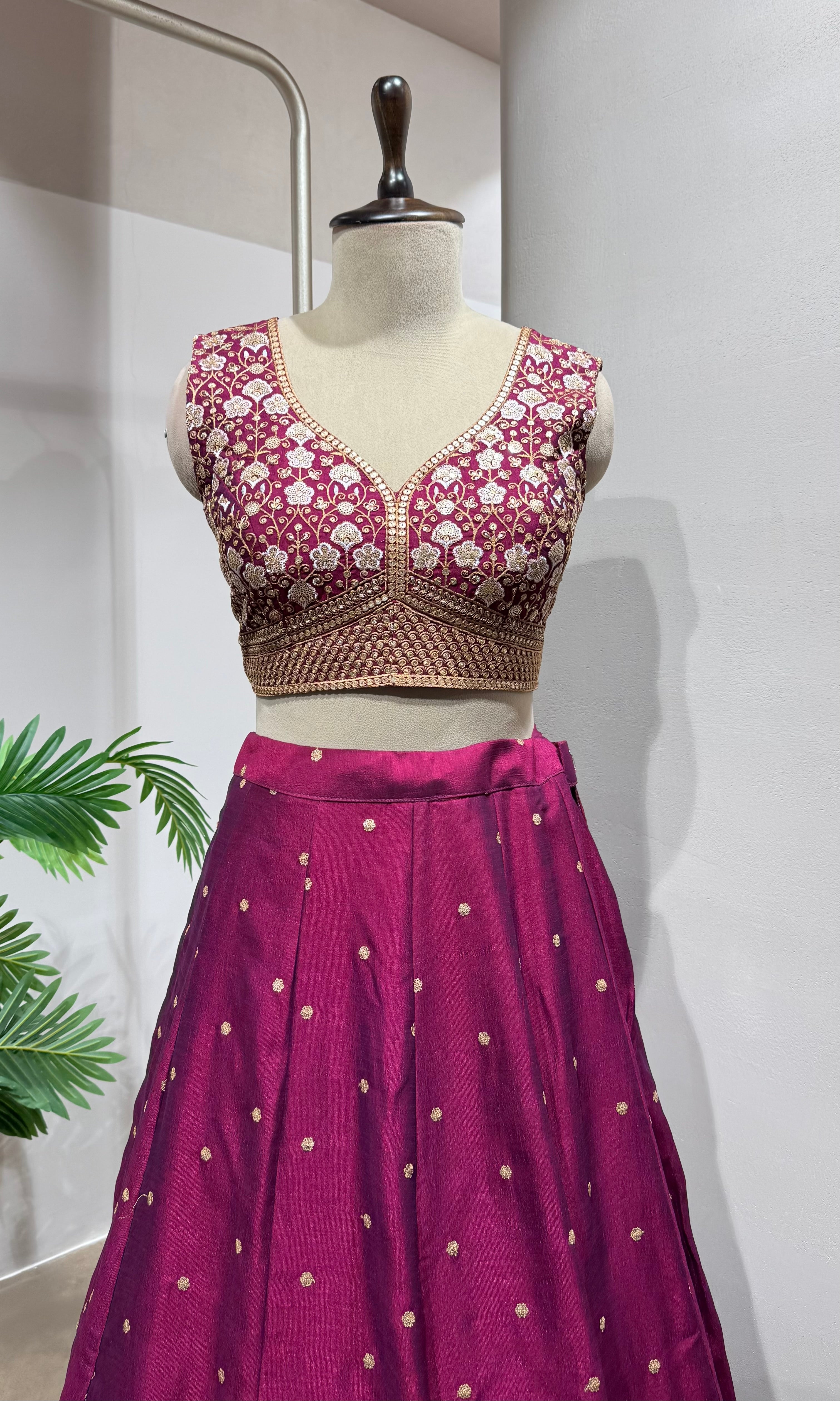 Wine Floral intricate Embroidery Lehenga
