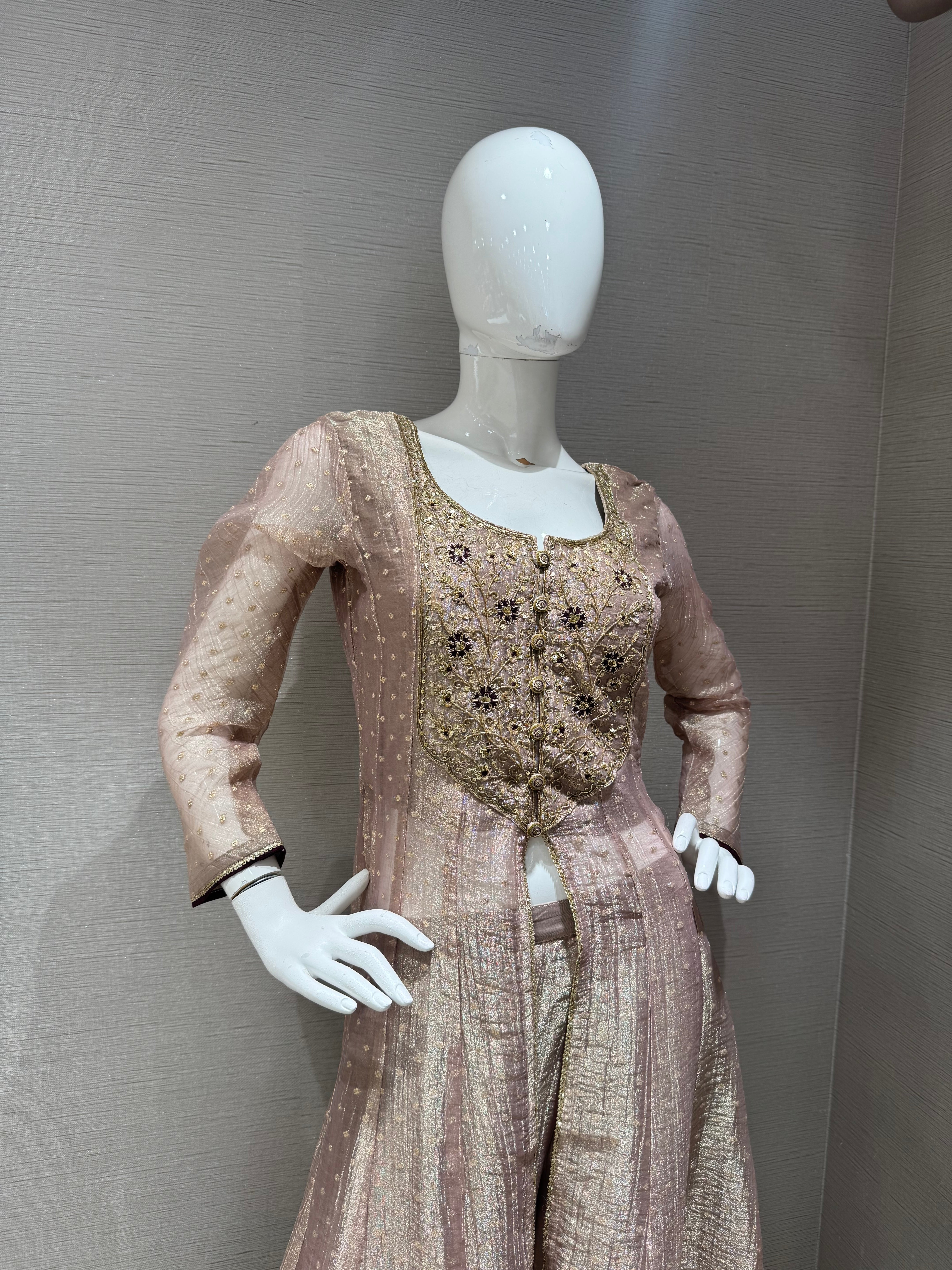 Greyish taupe tissue front slit anarkali with palazzo pants