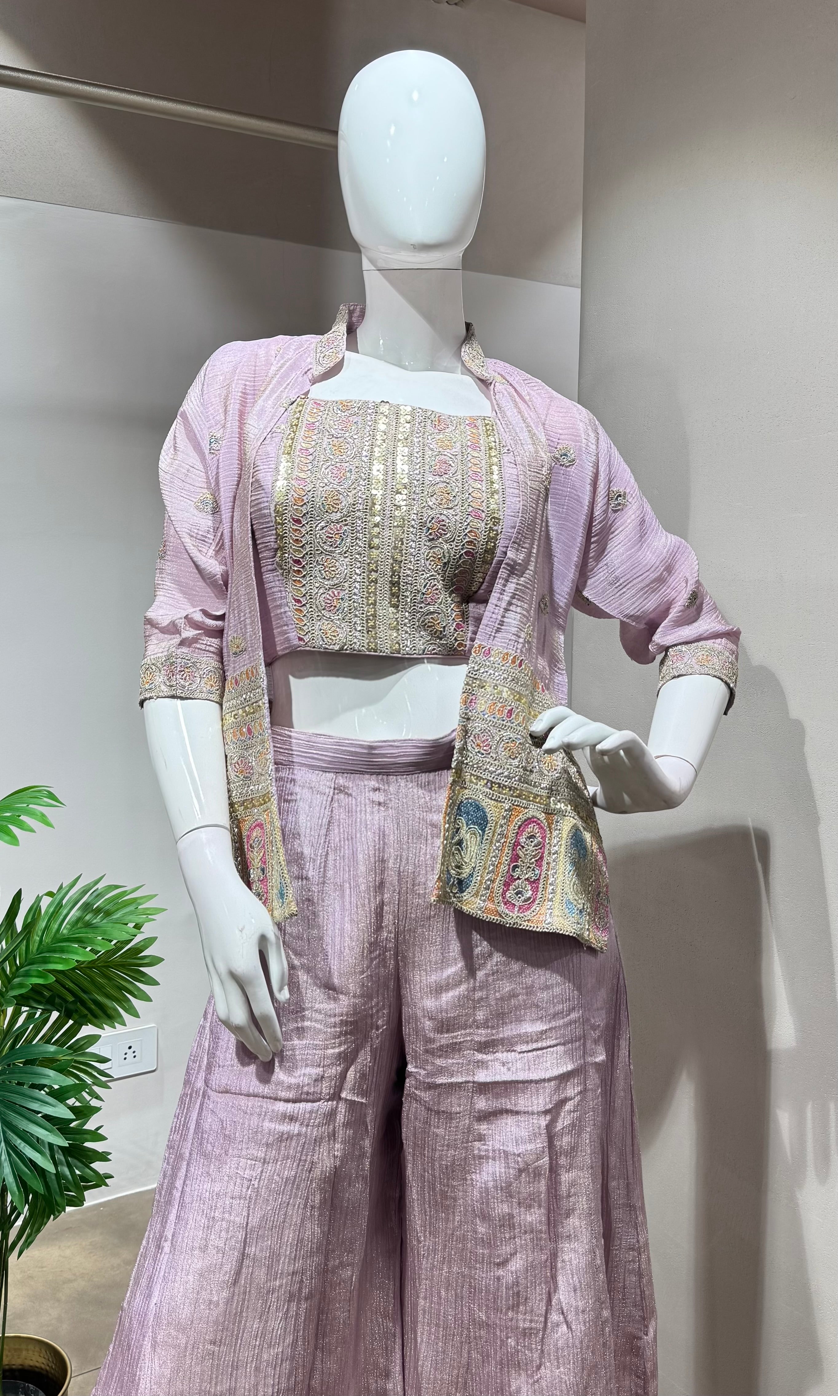 Light purple crop top palazzo with jacket