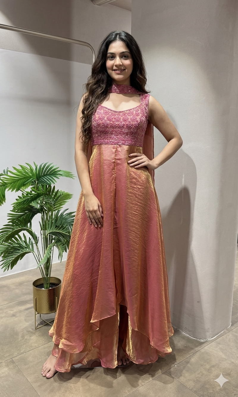 PINK A LINE SHIMMER TISSUE PALAZZO SET