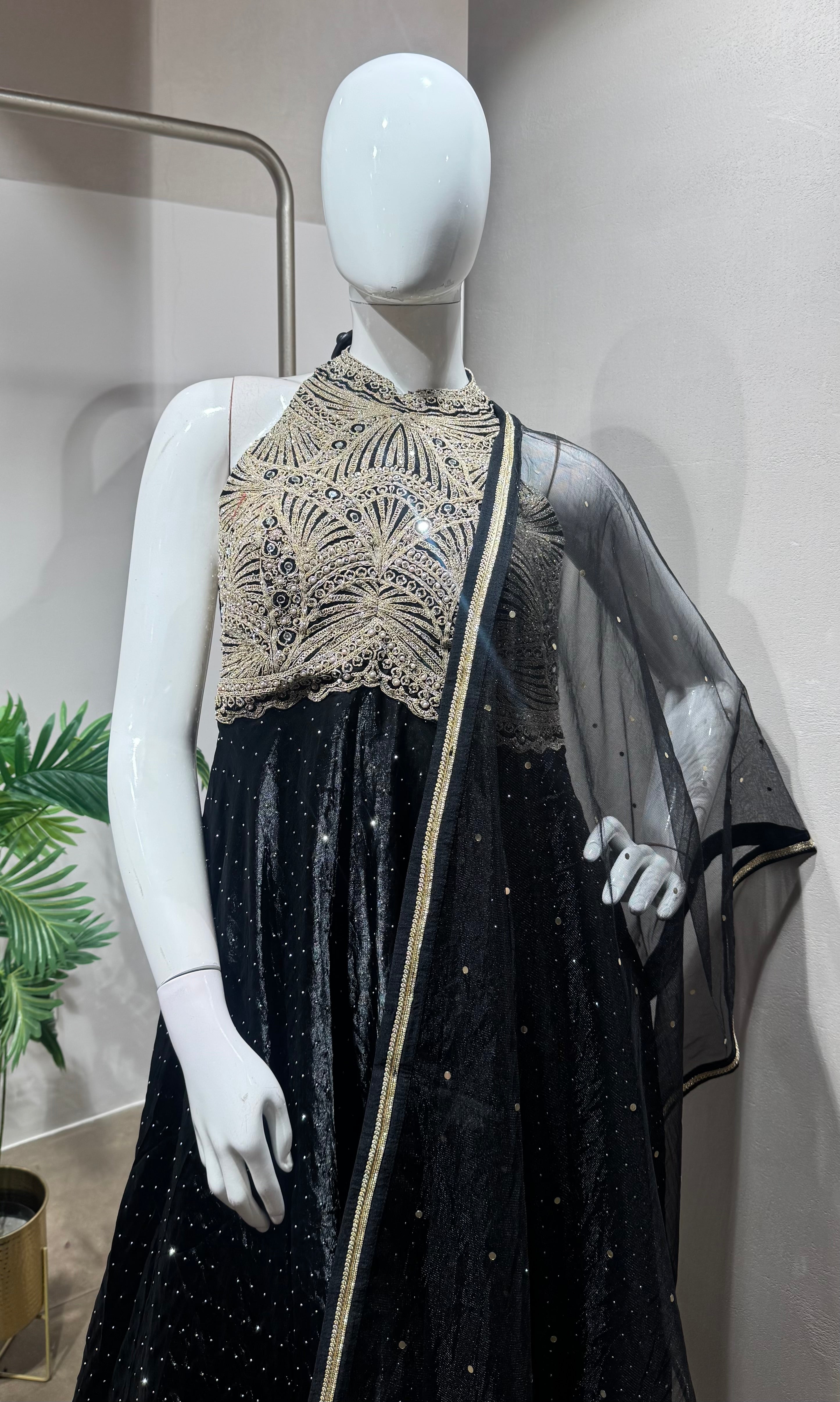 BLACK HALTER GOLDEN EMBROIDERED ANARKALI SET