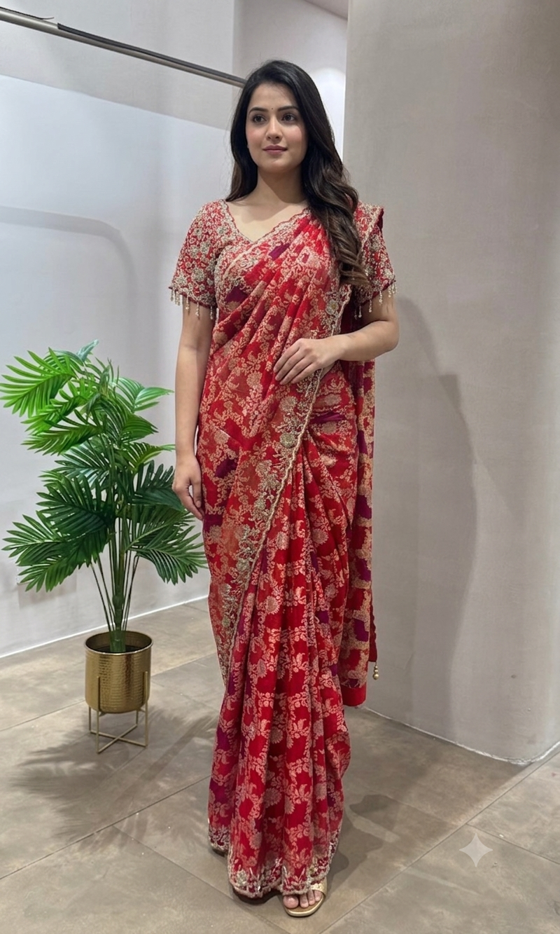 RED GOLD WORK BANARASI SILK SAREE WITH BLOUSE