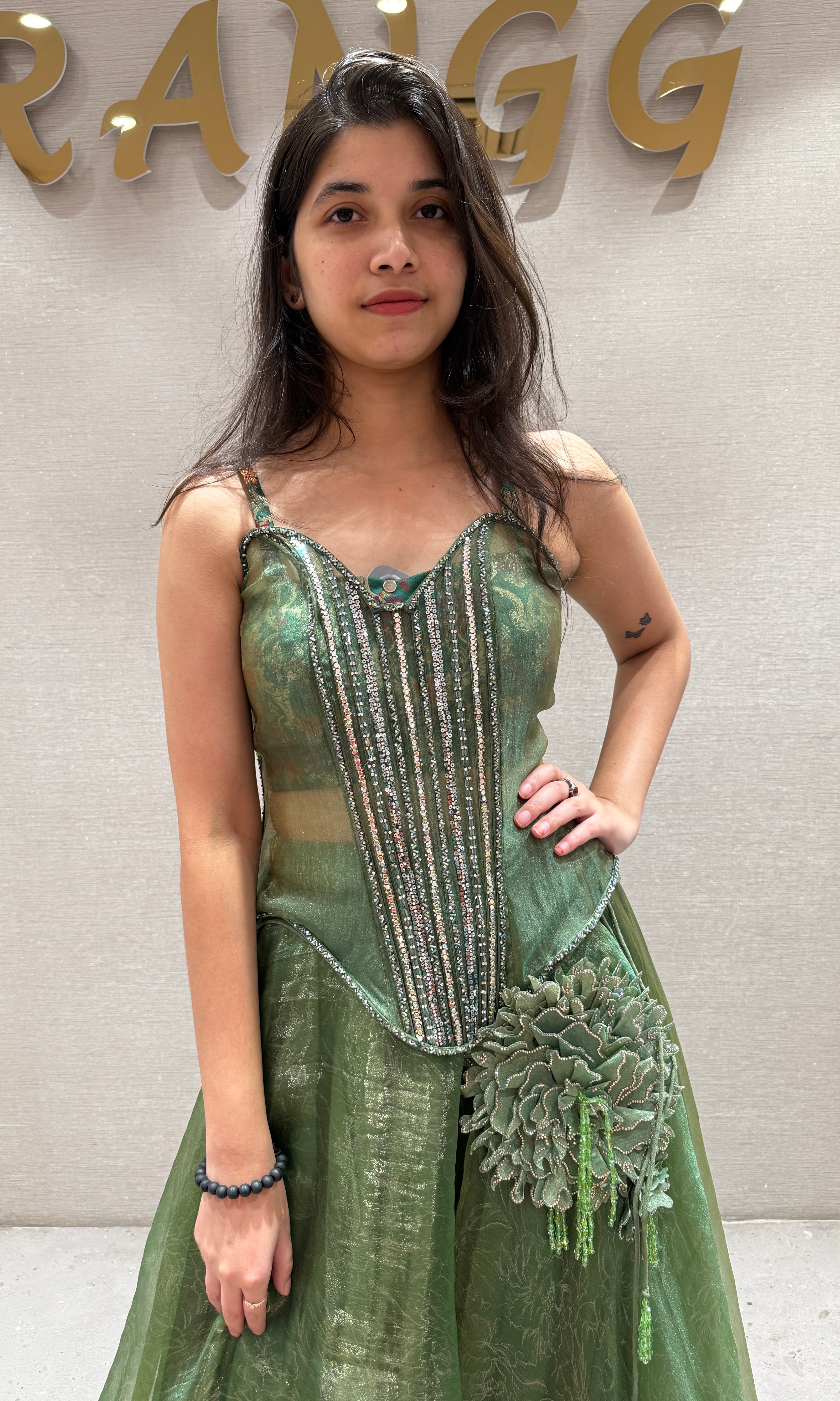 Green Floral Accent Corset Gown