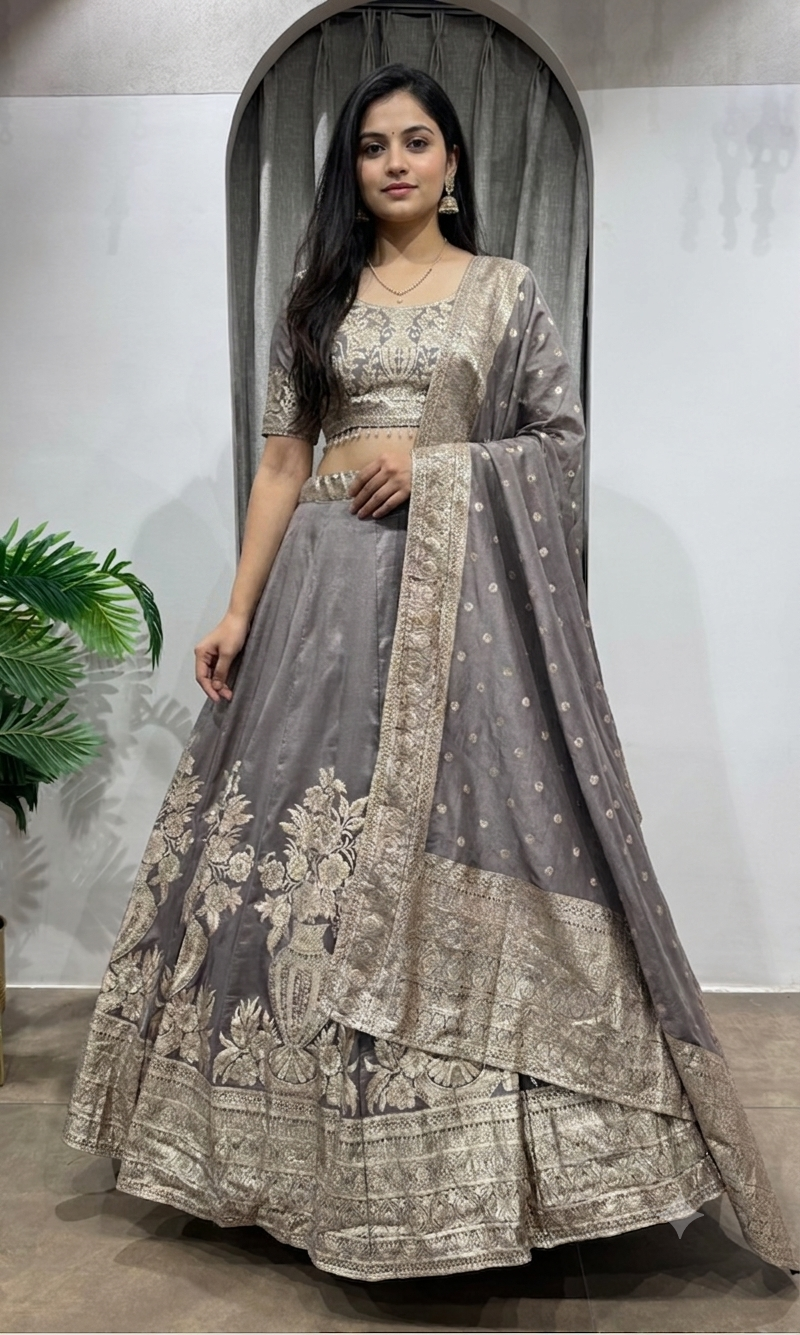 grey with gold embroidered lehenga choli