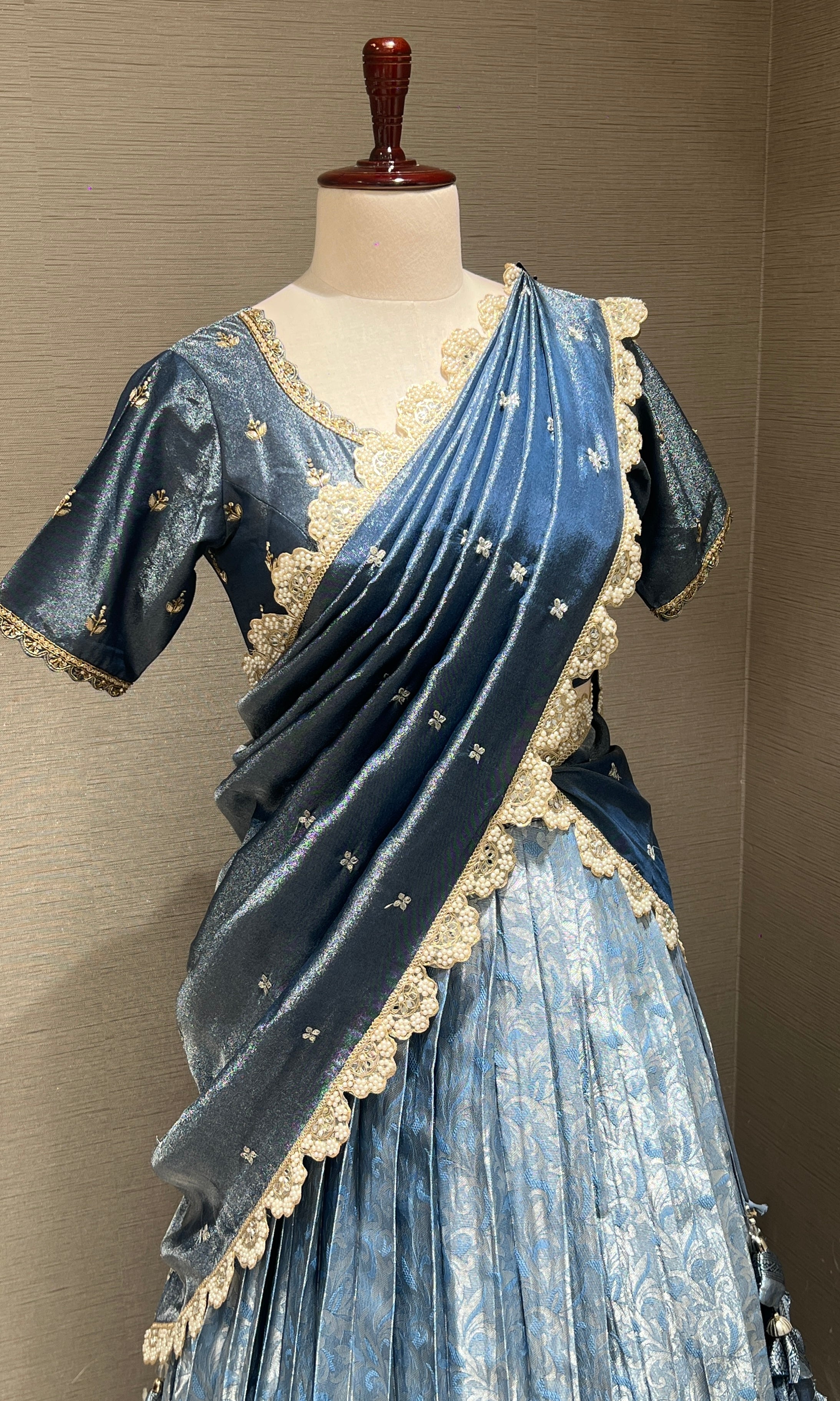 GREY BANARASI Lehenga with Ivory Lace Work