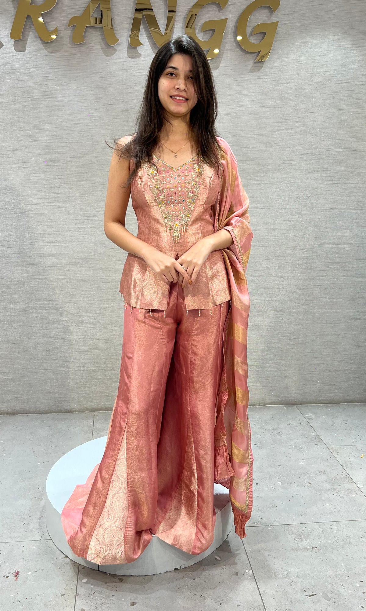 Onion pink Shimmer Tissue Peplum palazzo set with dupatta