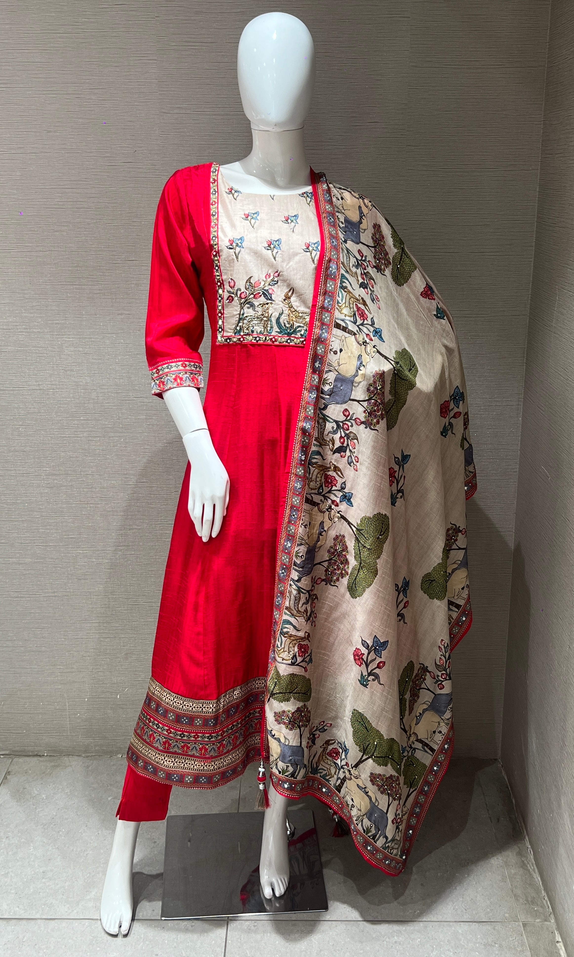 Red Kurta Set with Printed Dupatta