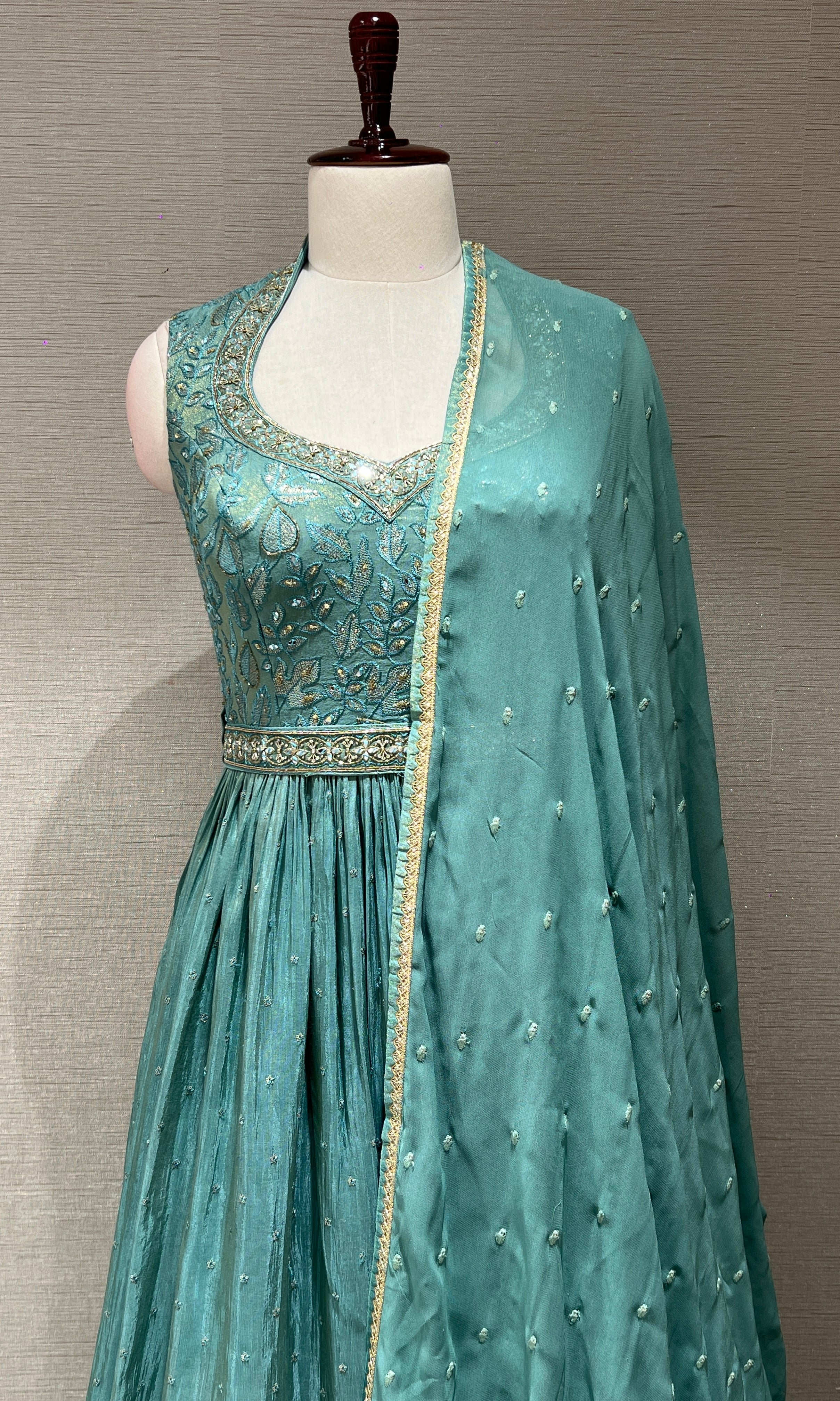 Sea green long anarkali with gold embroidered