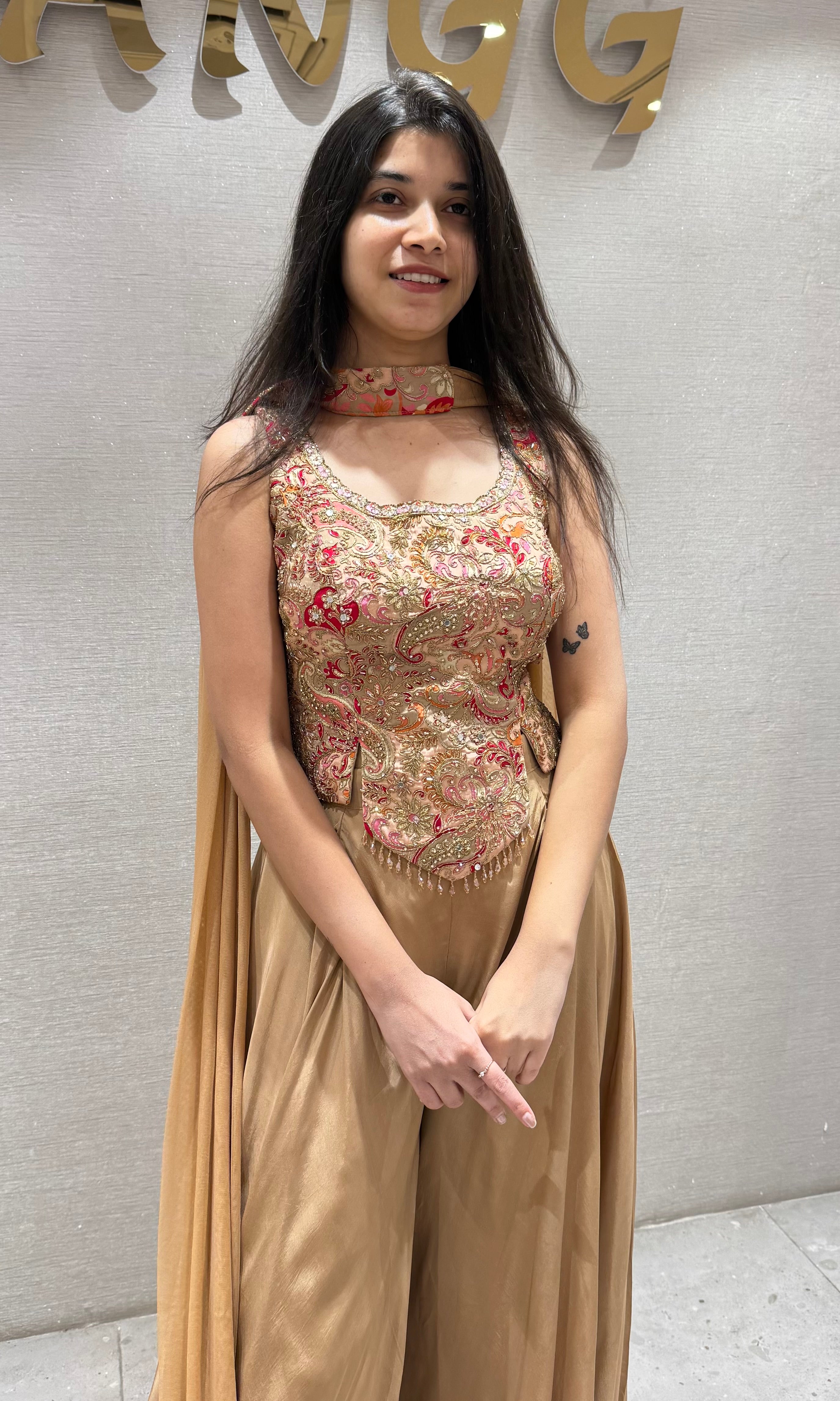 Brown EMBROIDERED PEPLUM PALAZZO SET