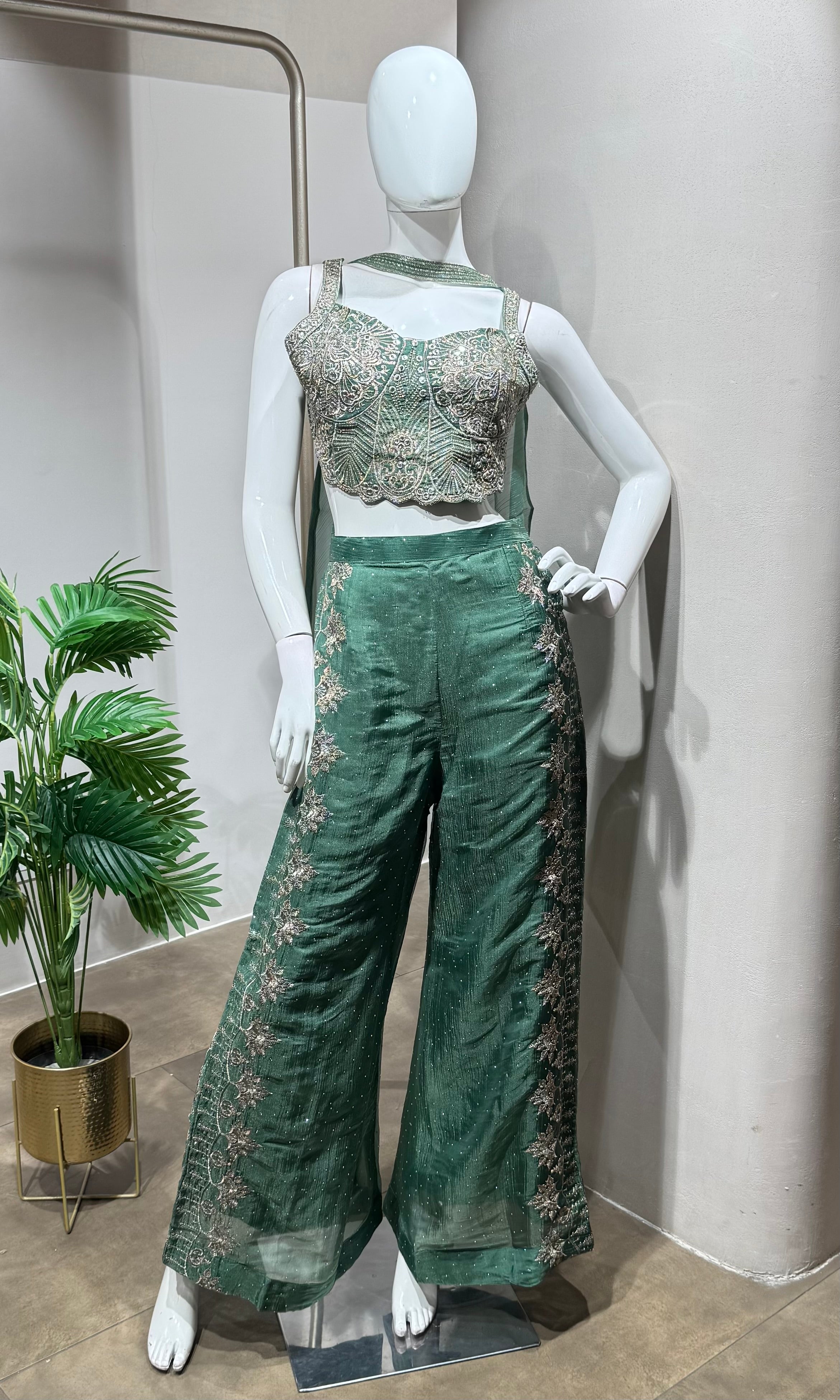 green sequins crop top and palazzo set
