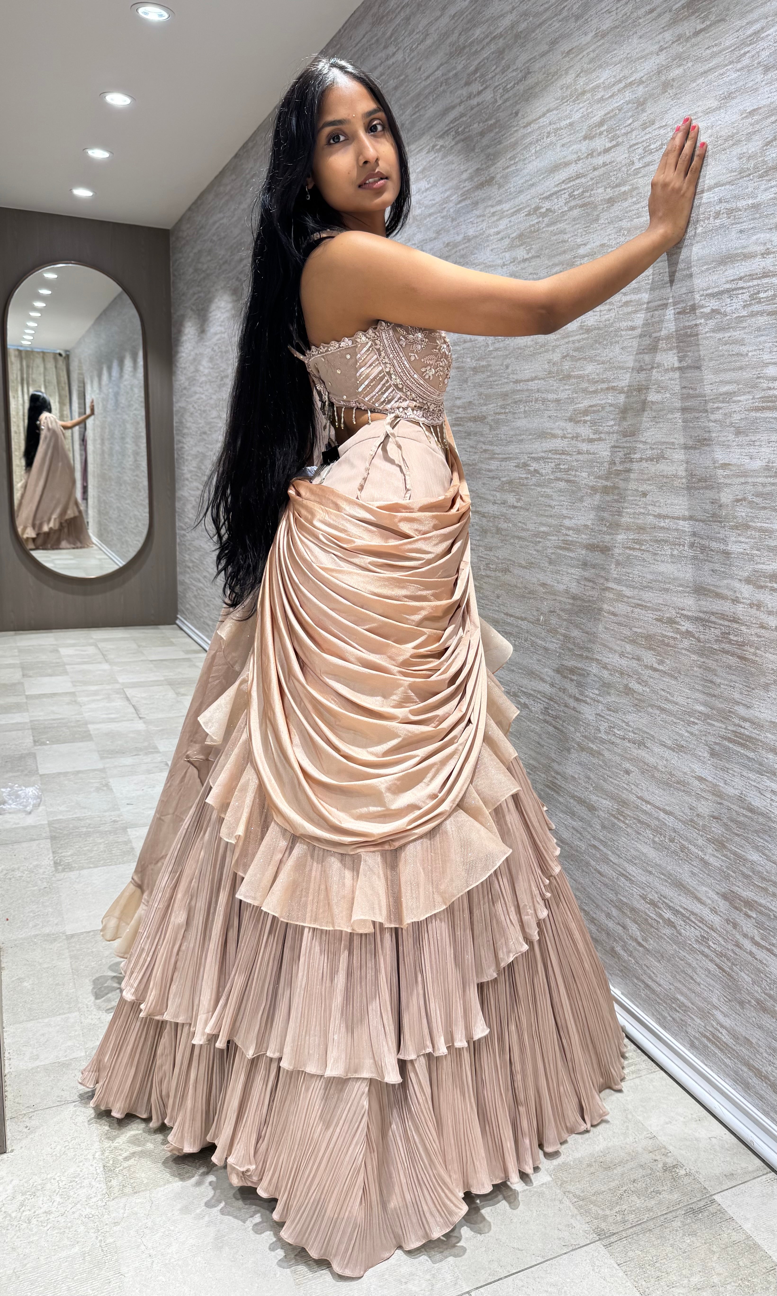 GOLD RUFFLE LEHENGA WITH HALTER NECK BLOUSE