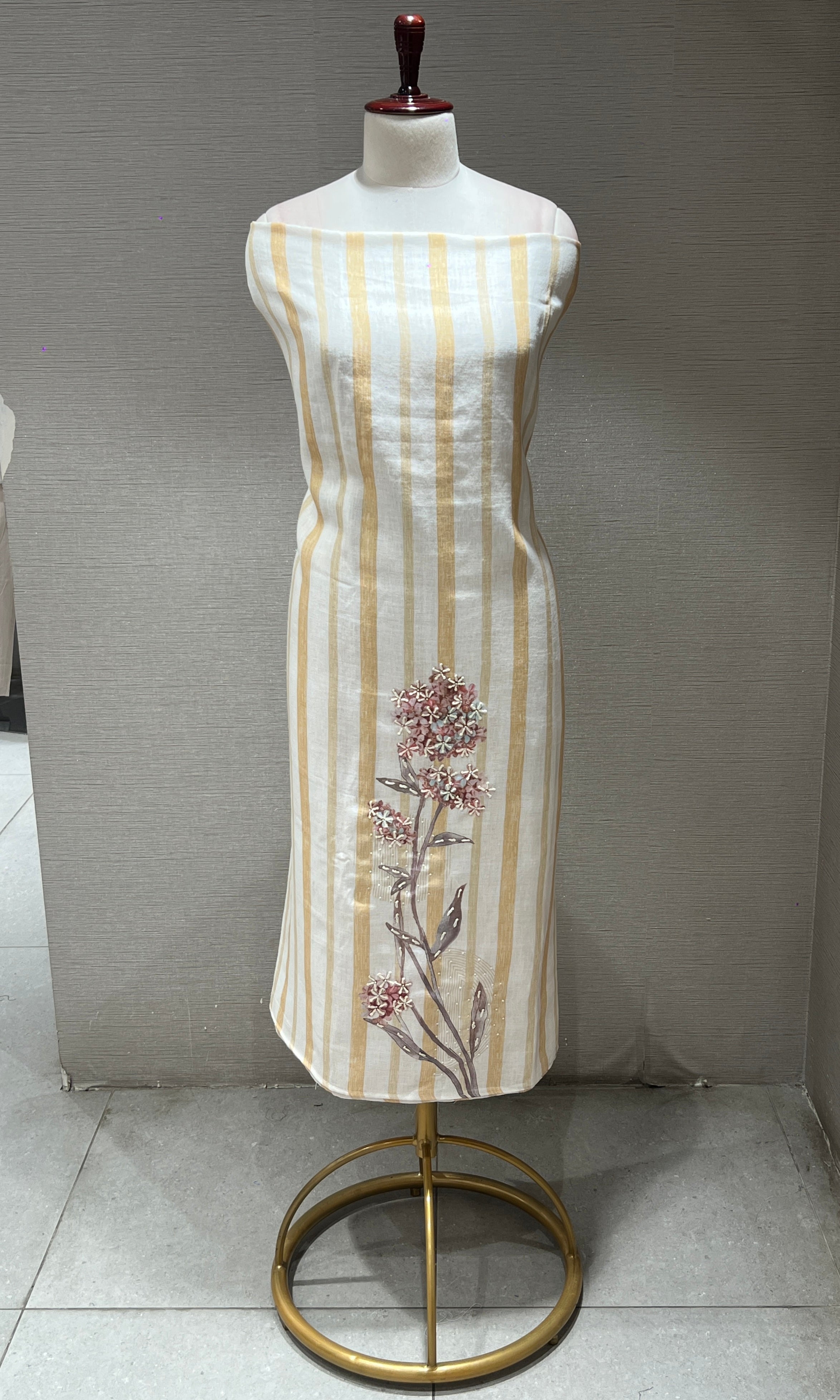 light yellow Striped Floral dress material