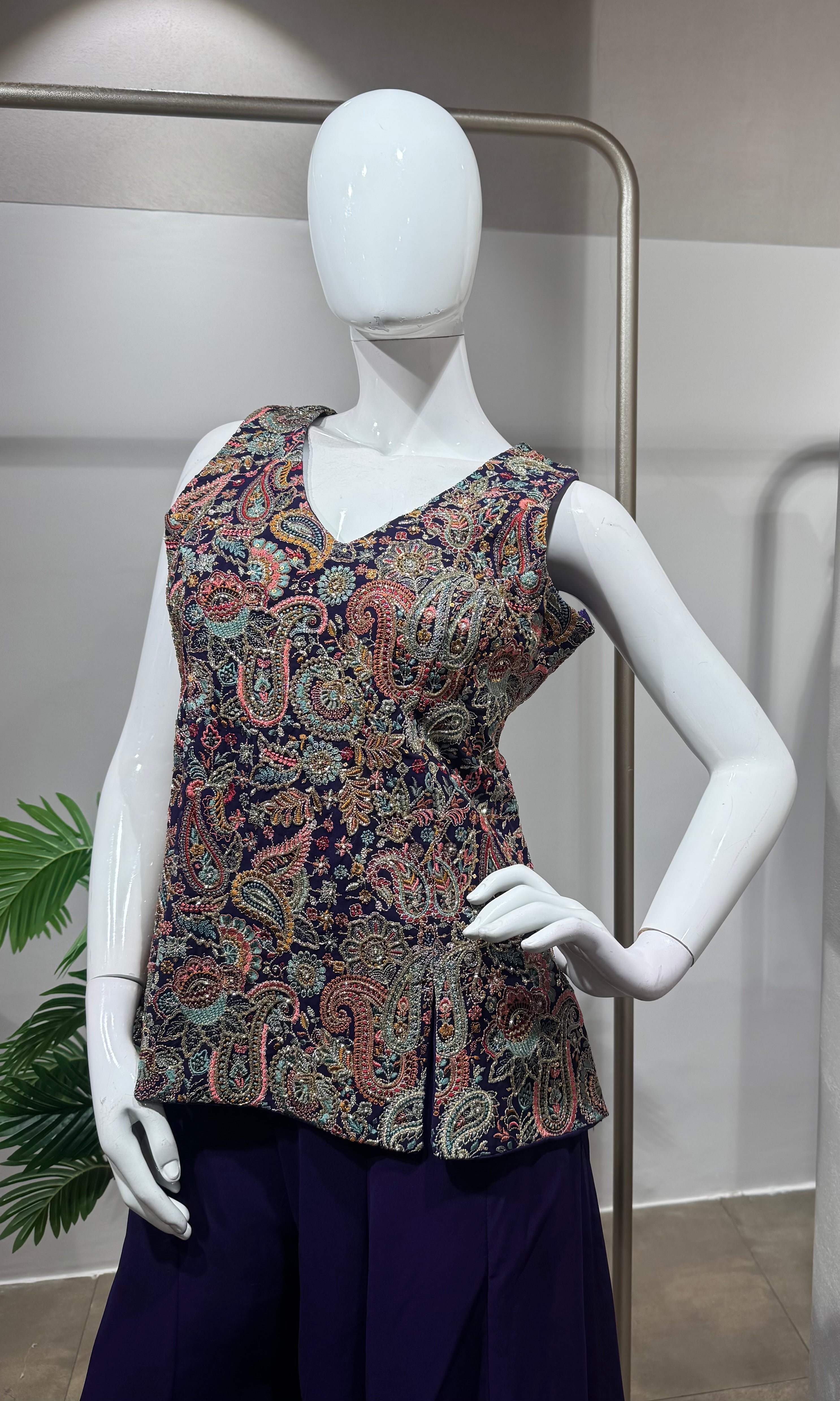 Purple embroidered georgette palazzo set