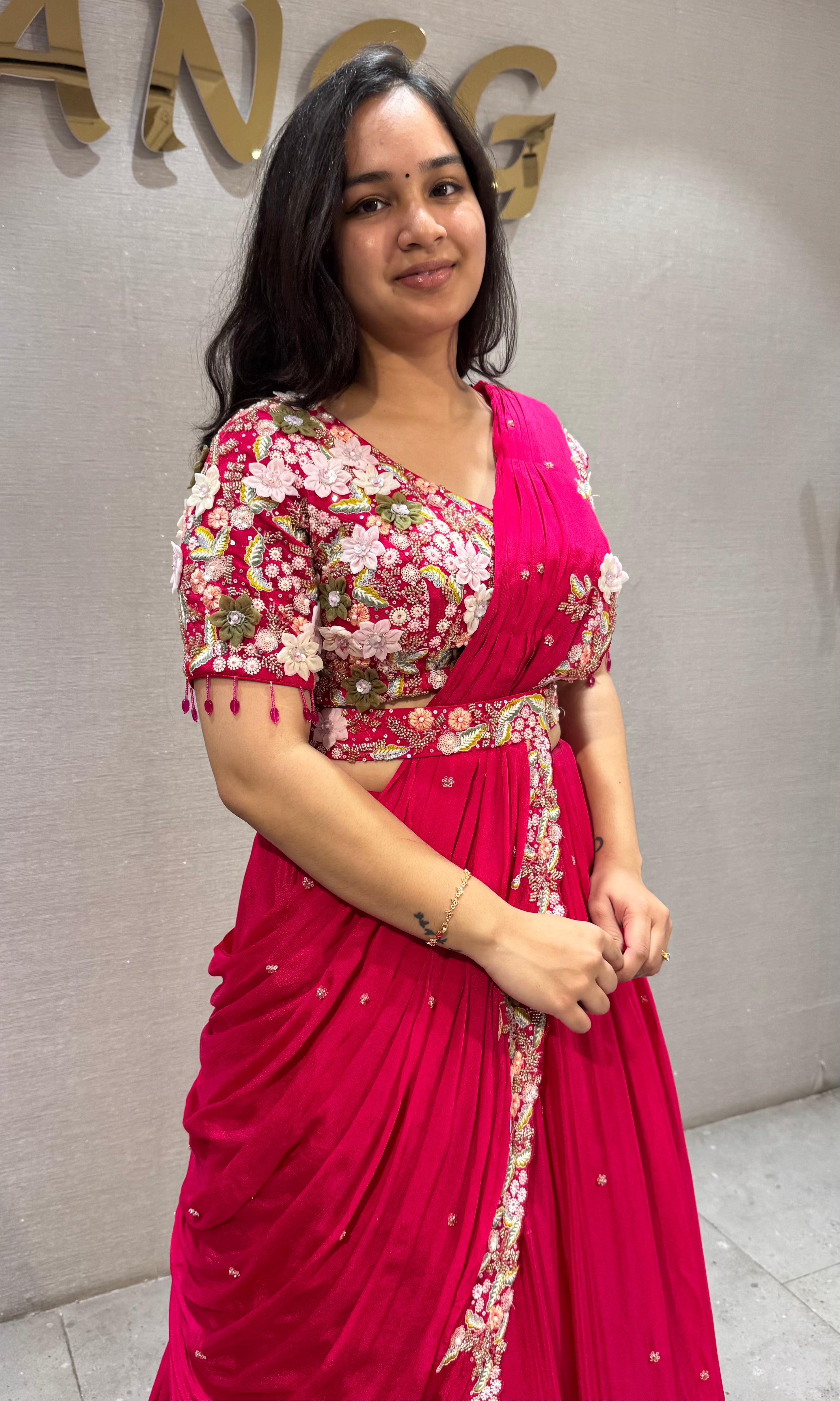 Fuchsia Georgette Pink Draped Saree with Embroidered Silk Blouse & Belt