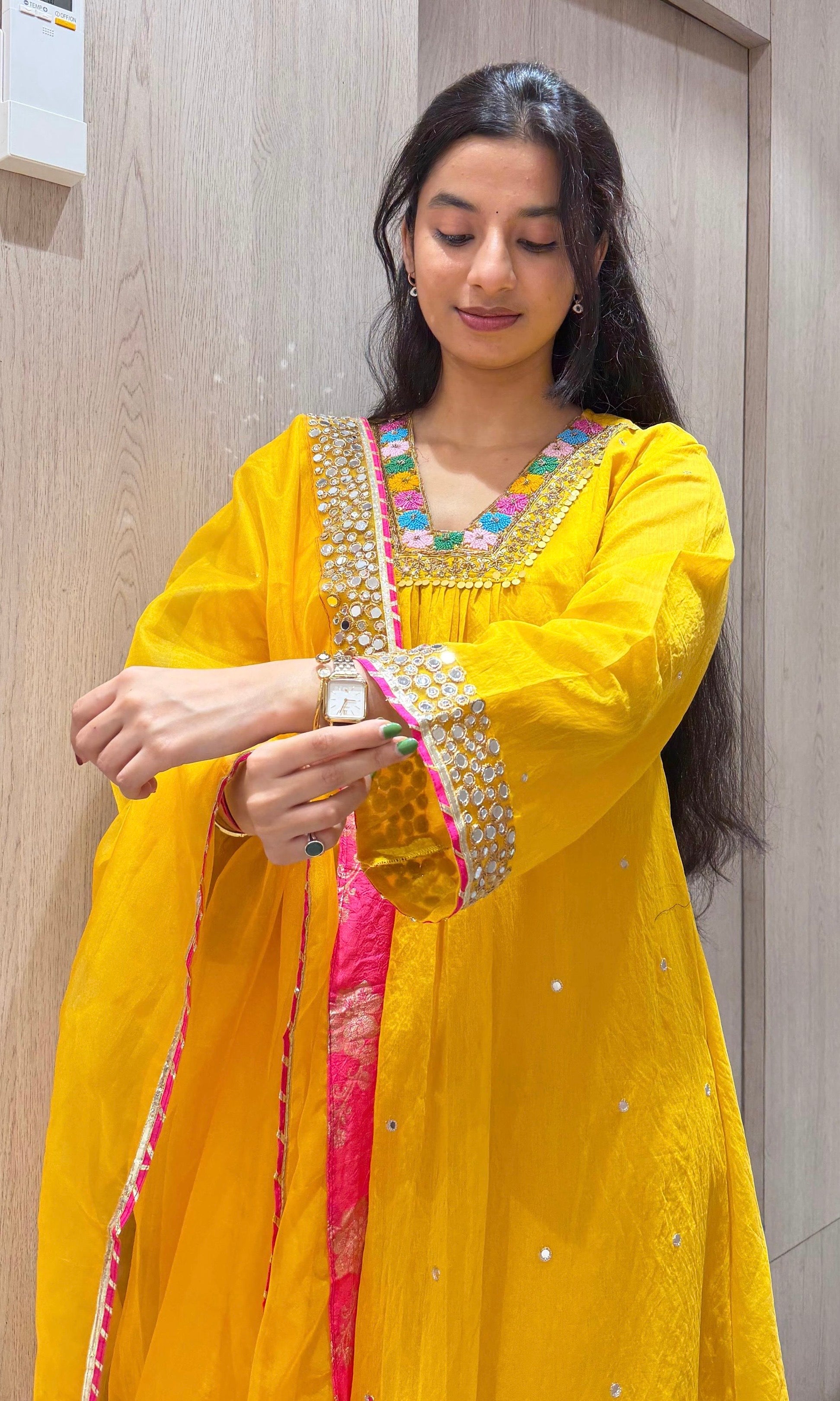 Yellow FLORAL NECK A LINE kurta set