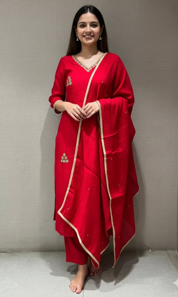 Red KURTA SET WITH DUPATTA