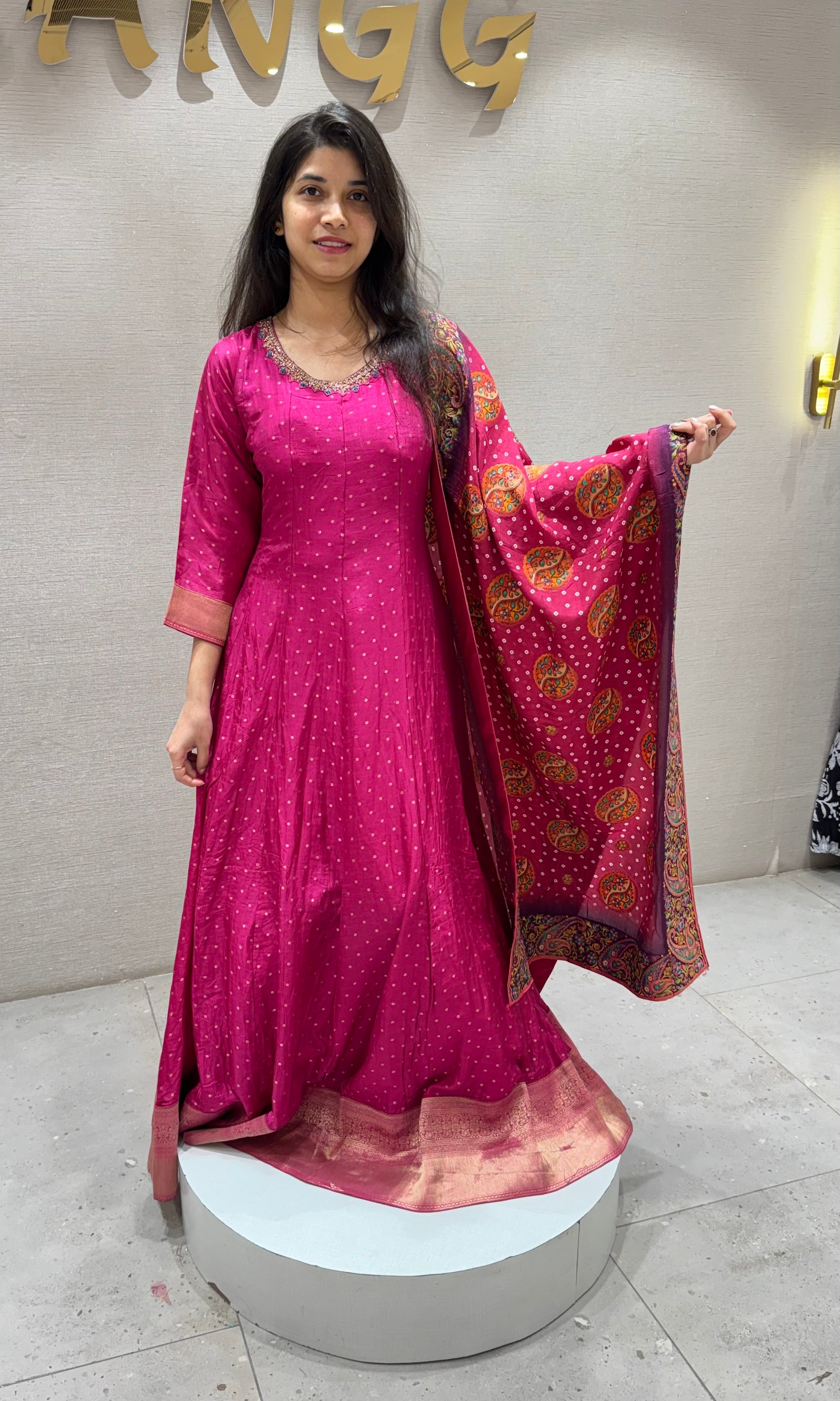 Pink ANARKALI SET WITH PRINTED DUPATTA