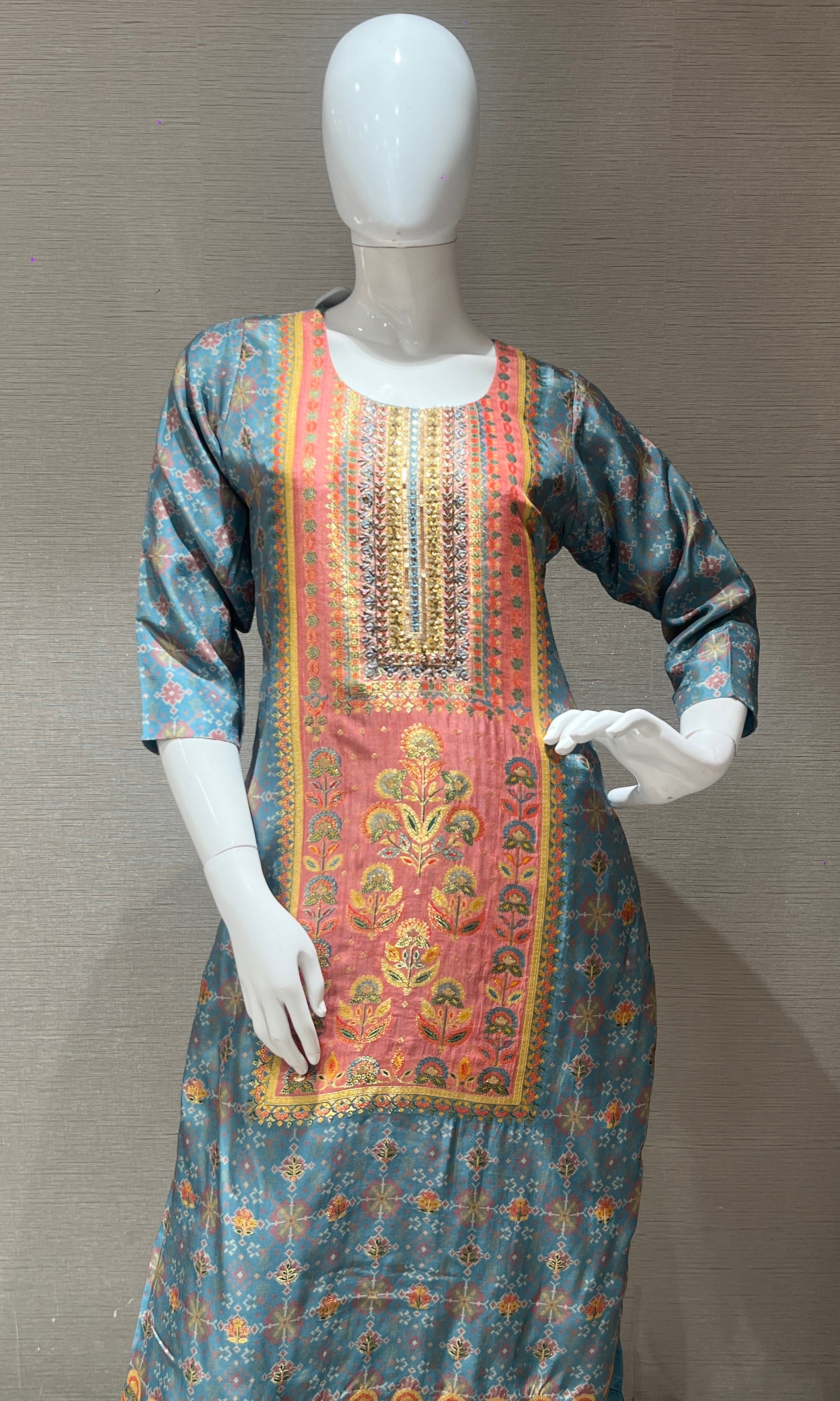 Blue and Orange Printed Kurta Set with Dupatta