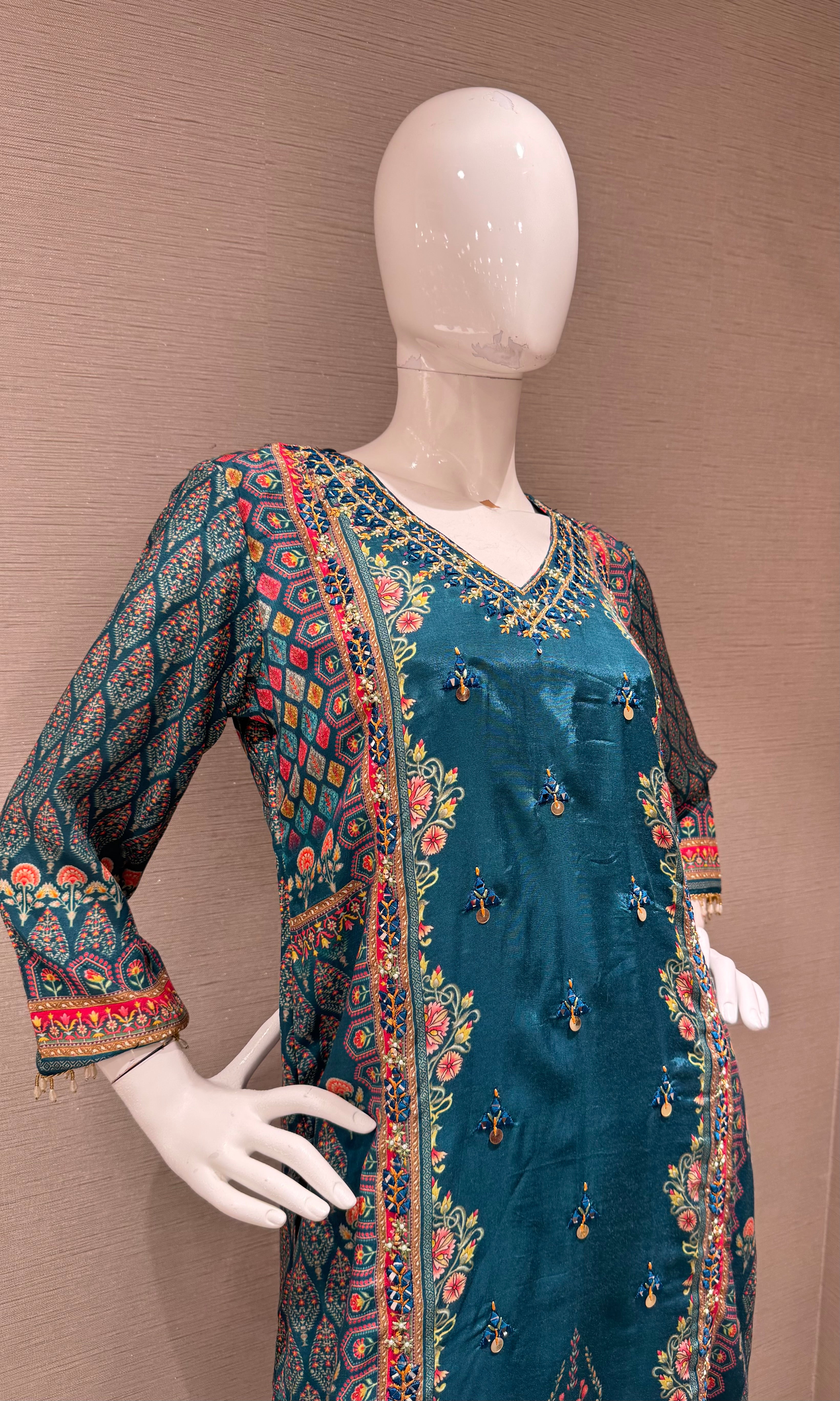 Sea green Embroidered Salwar Suit with Floral Dupatta