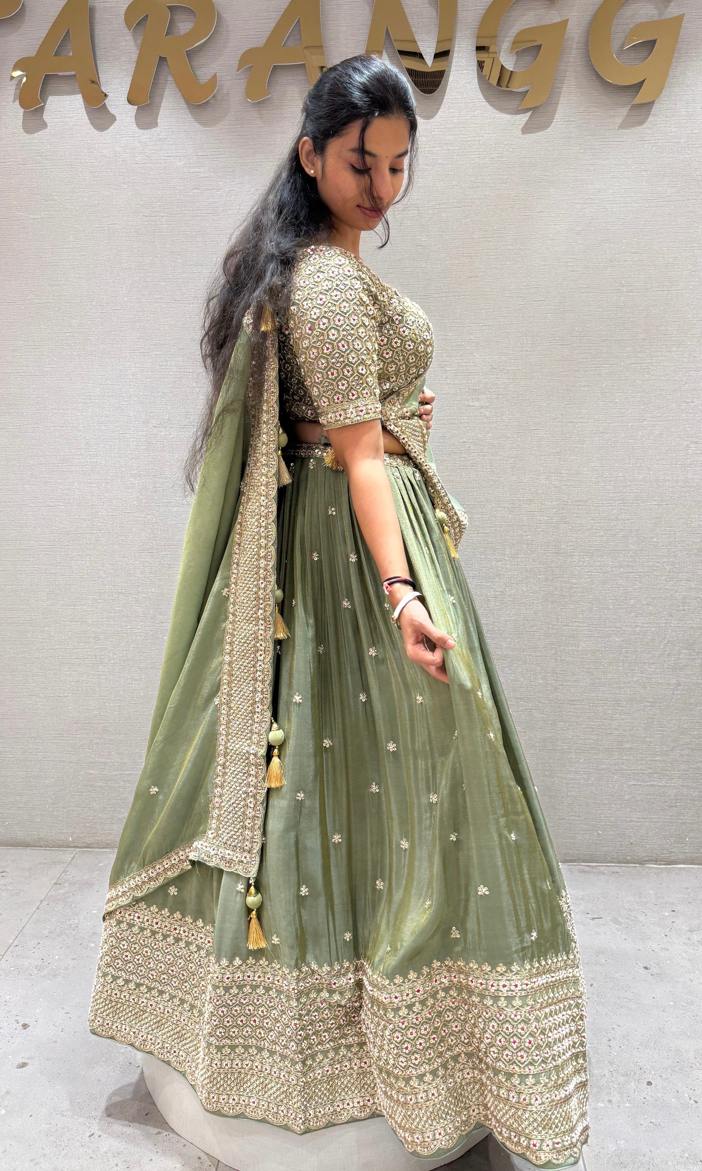Vanika Sitara - Sage Green Lehenga with Floral & Gold Thread Work Embellishments