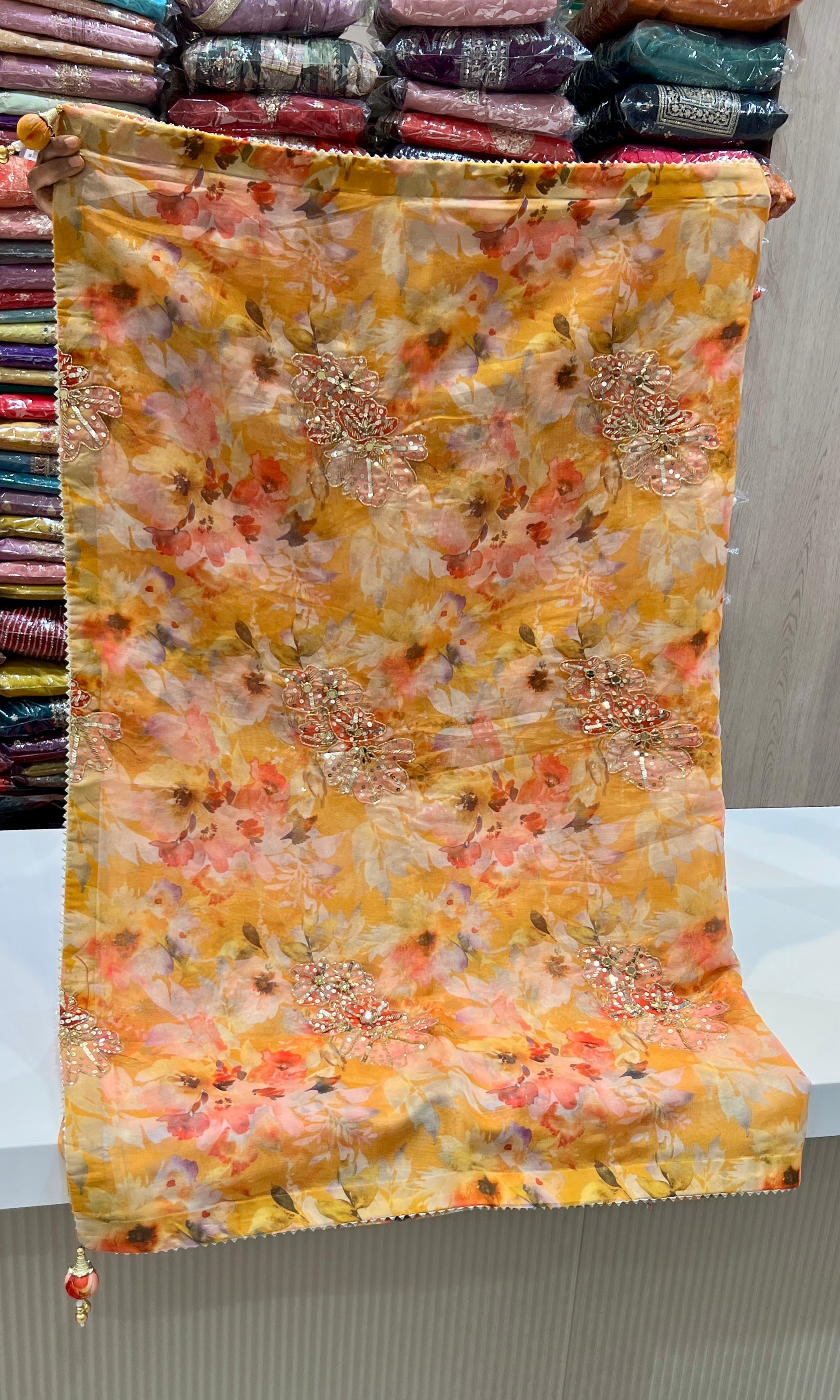 Mustard yellow floral saree with ready blouse