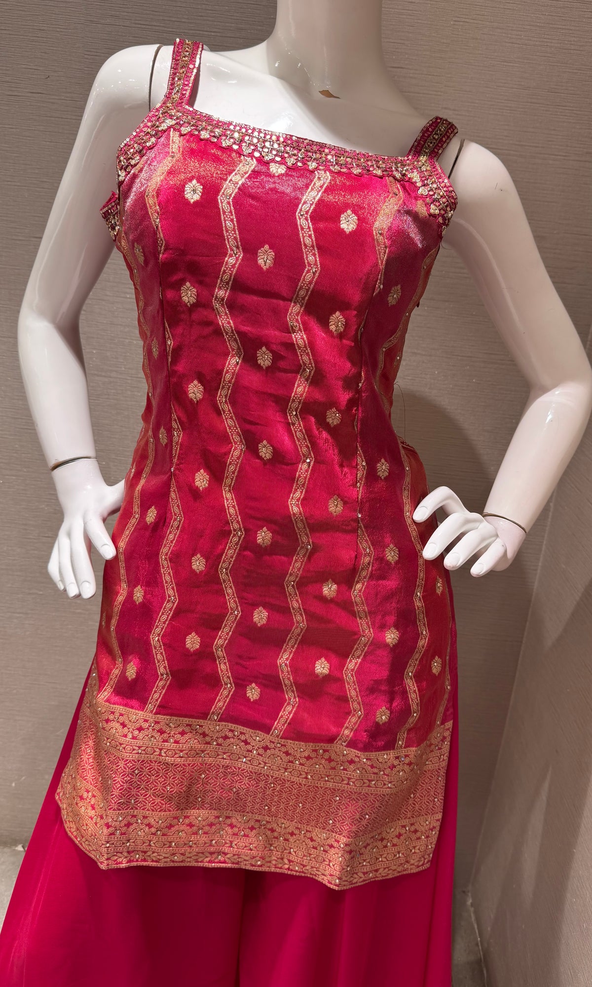 Rani Golden Georgette Flared Sharara set with Dupatta