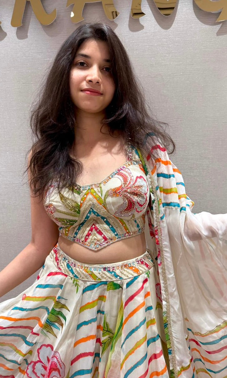 CREAM Rainbow Stripe Floral Lehenga