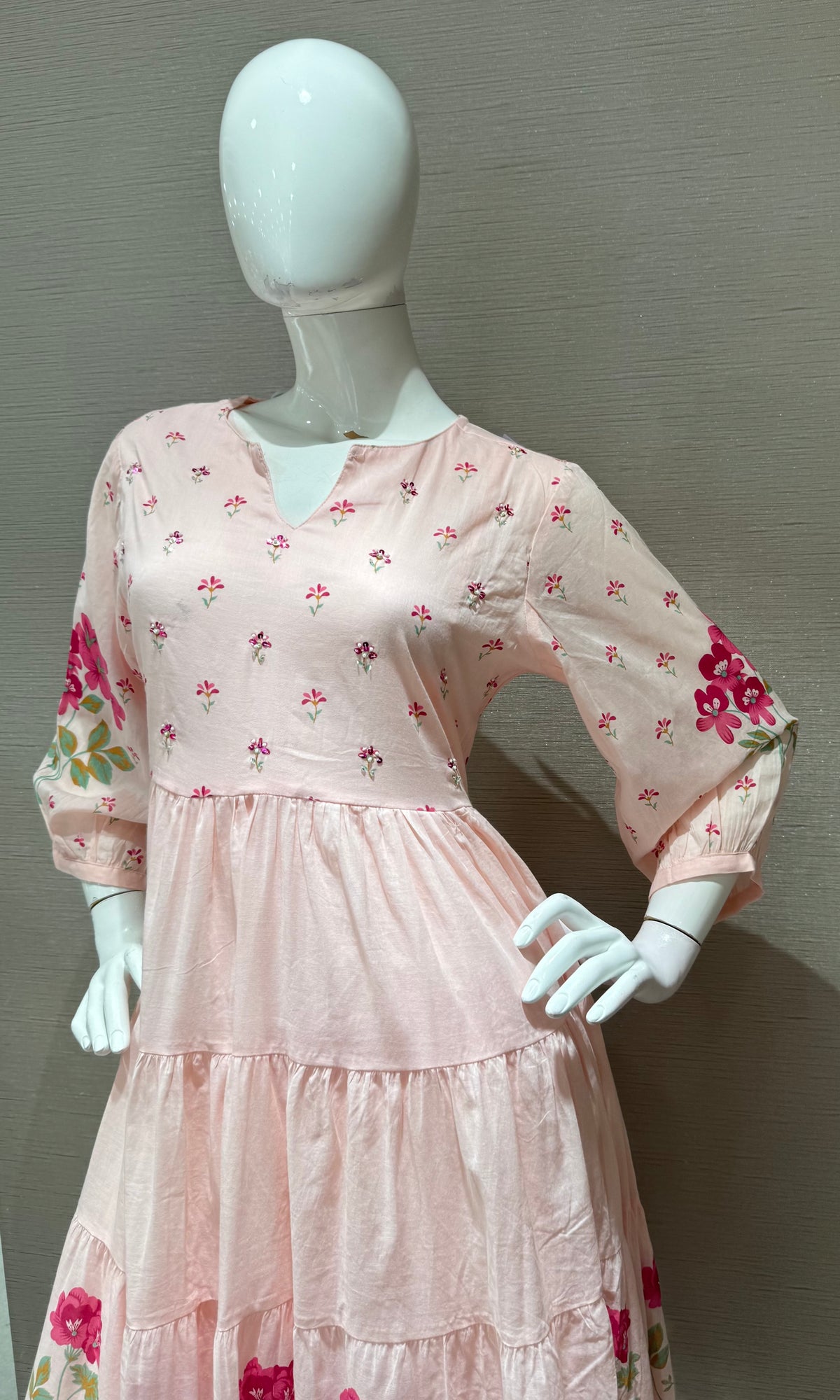 Pink Floral Print Tiered Ethnic Anarkali kurta set