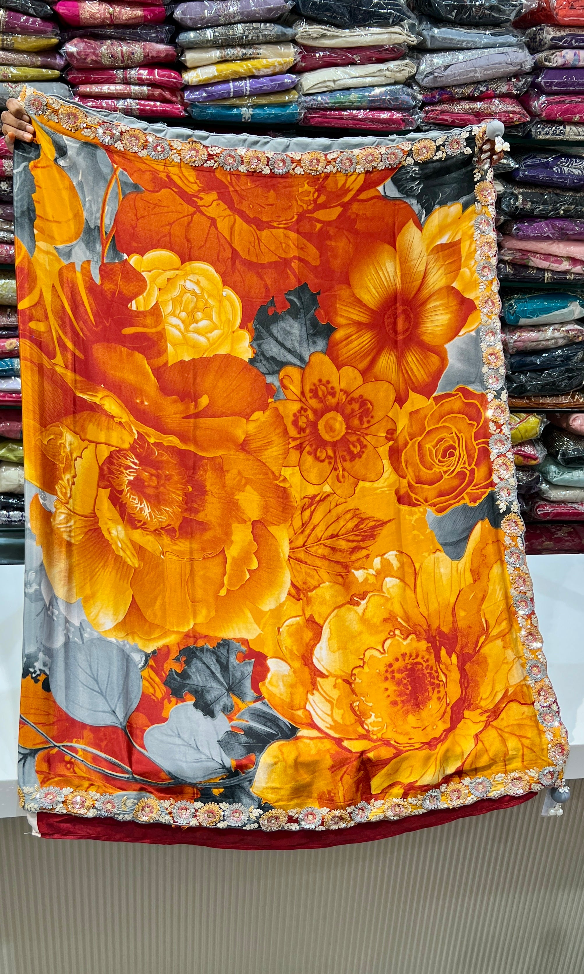 Grey floral saree with embroidery ready blouse