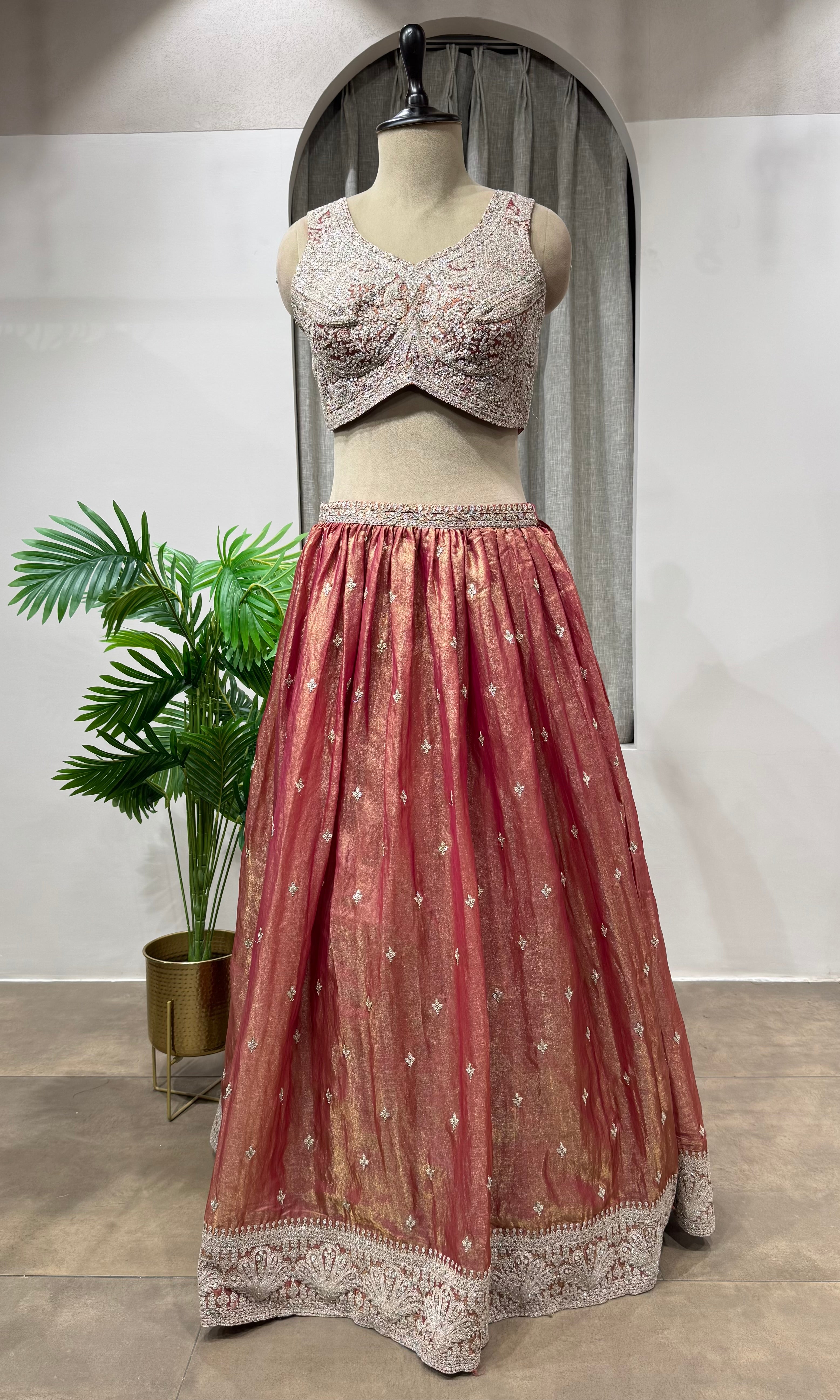 Rust Banarasi Silk Crop Top Lehenga