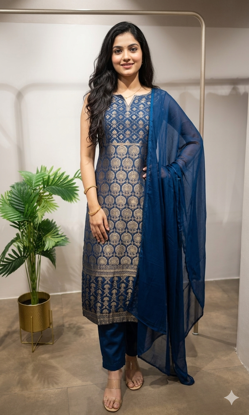 Blue golden banarasi kurta set