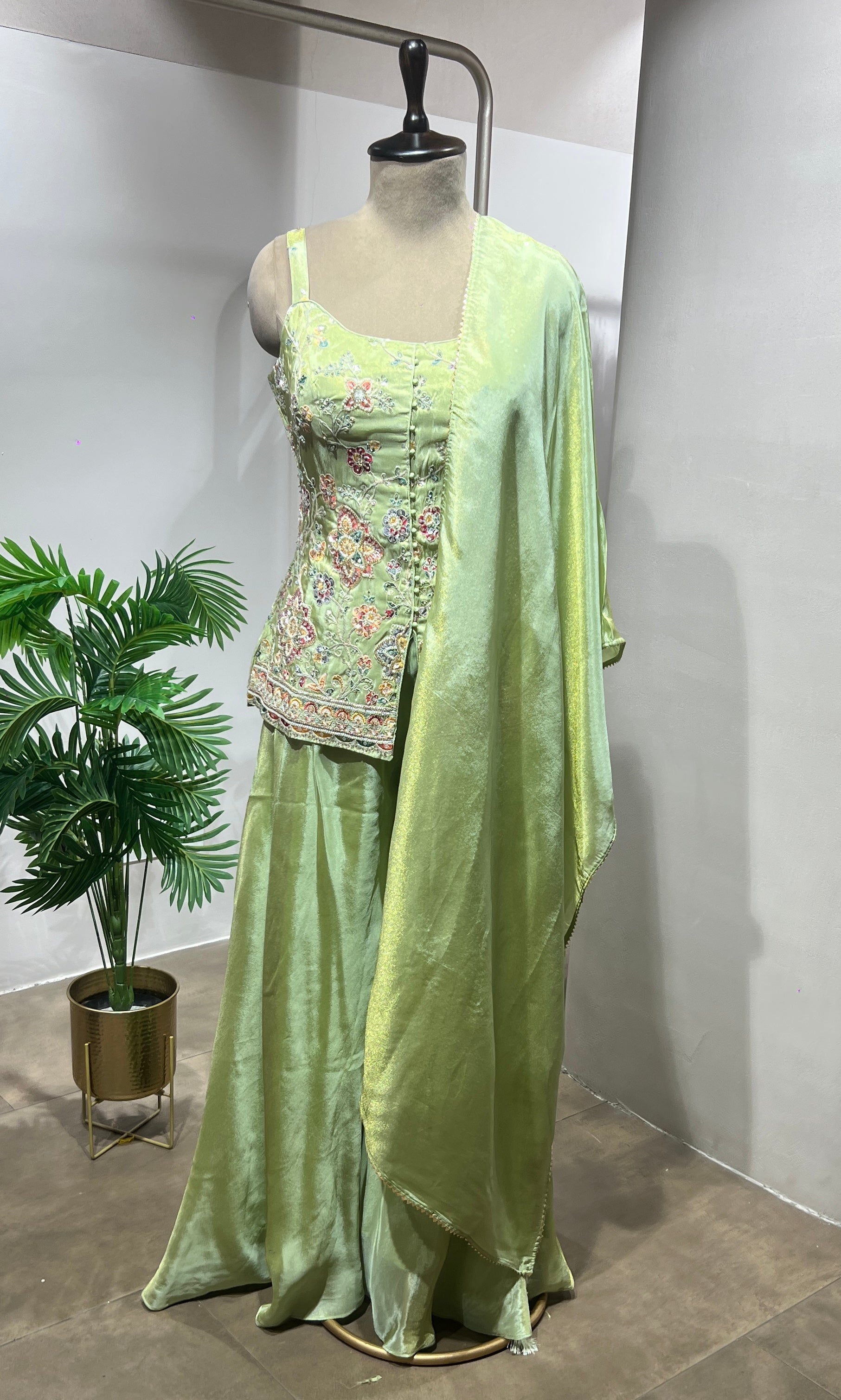 Green Embroidered Peplum & Palazzo suit