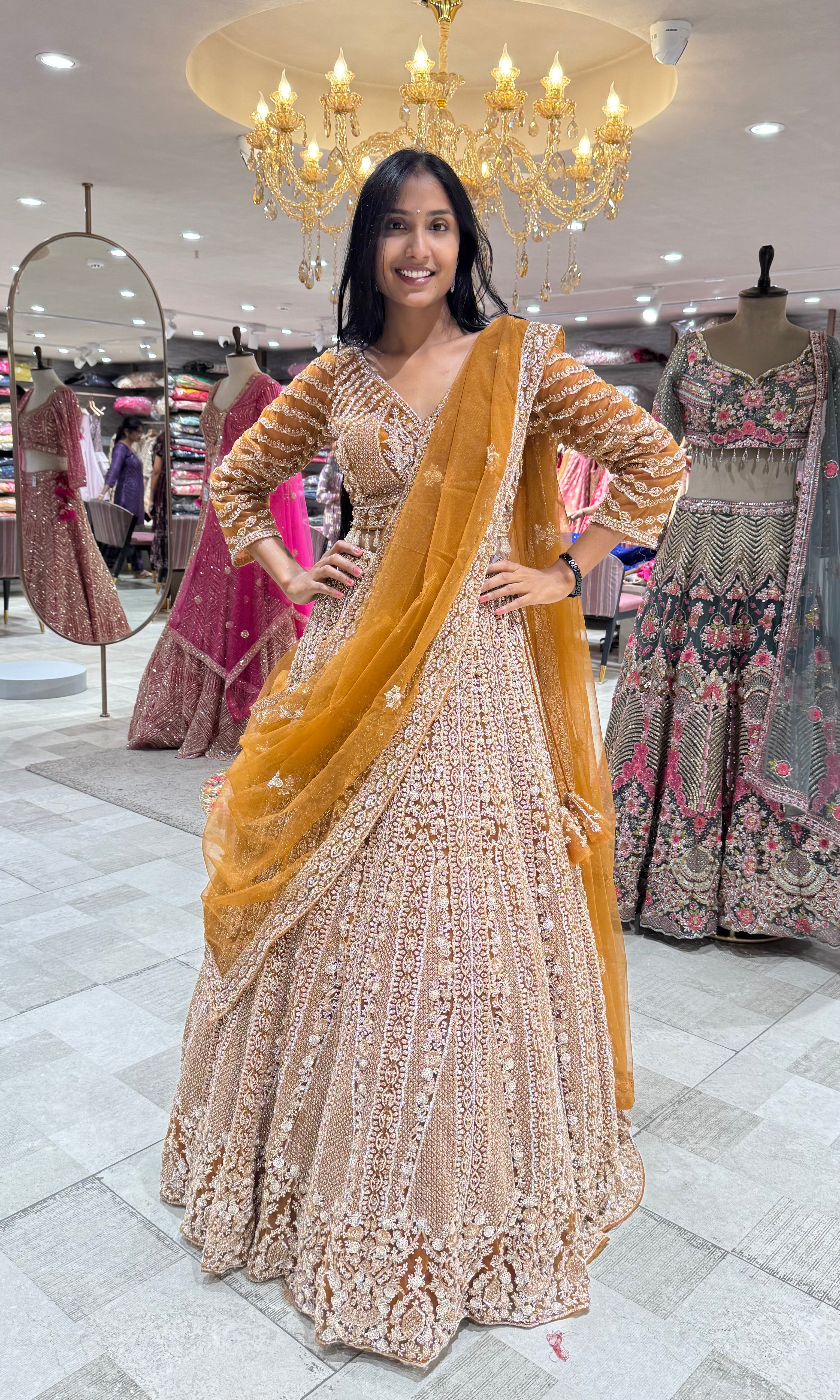 BROWN golden EMBROIDERED BRIDAL ehenga