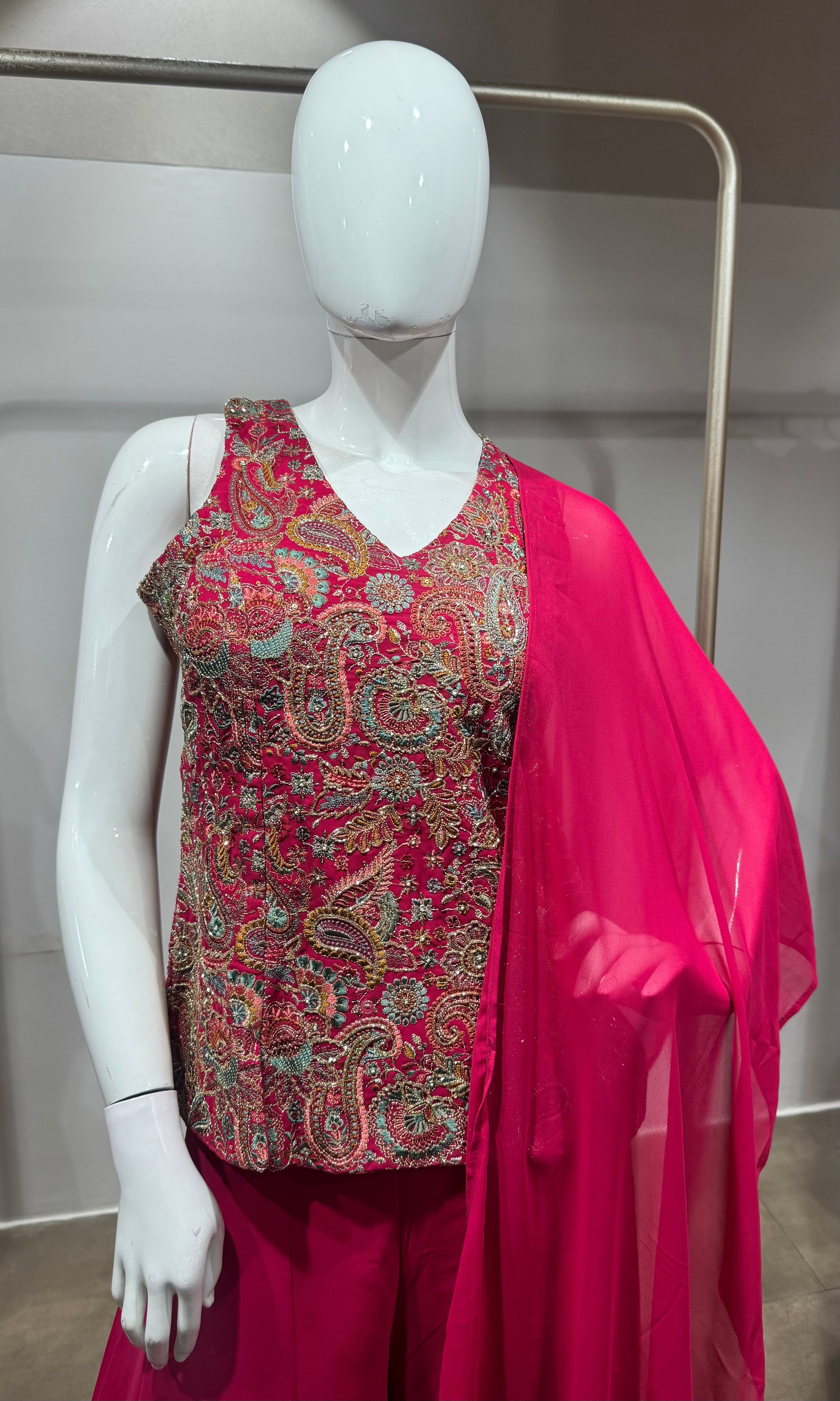Pink Embroidered Peplum Palazzo Set