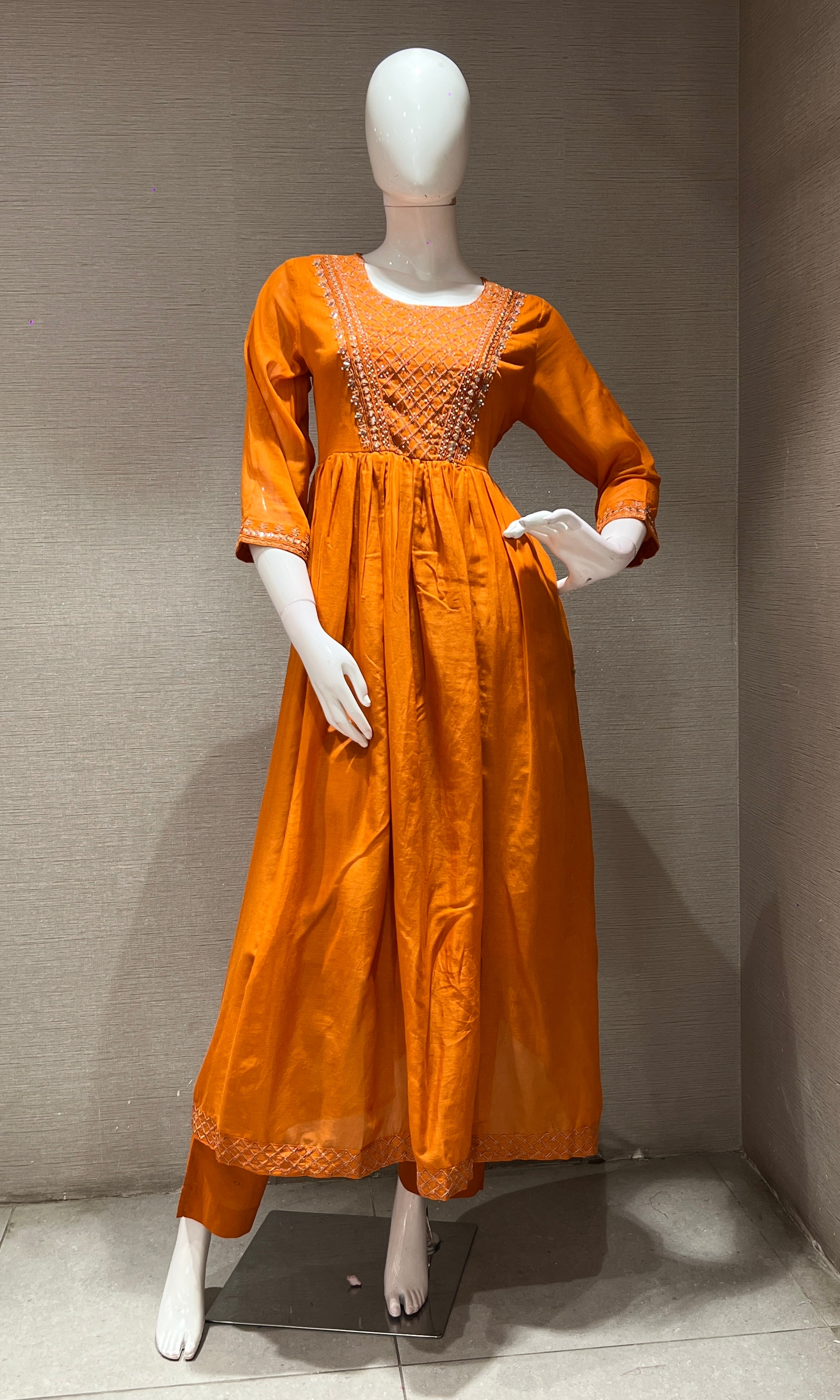 Rust EMBROIDERED MUL CHANDERI kurta set