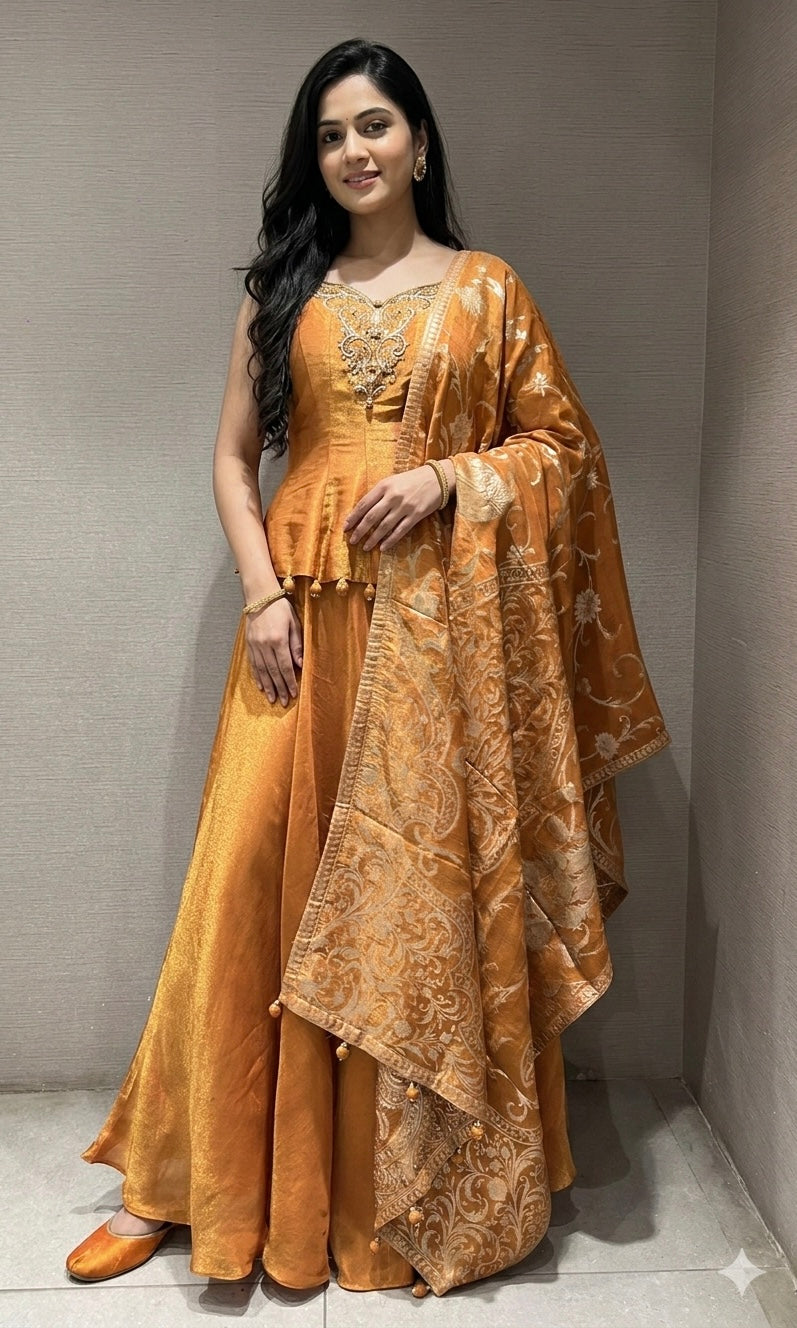 RUST EMBROIDERED PEPLUM PALAZZO SET