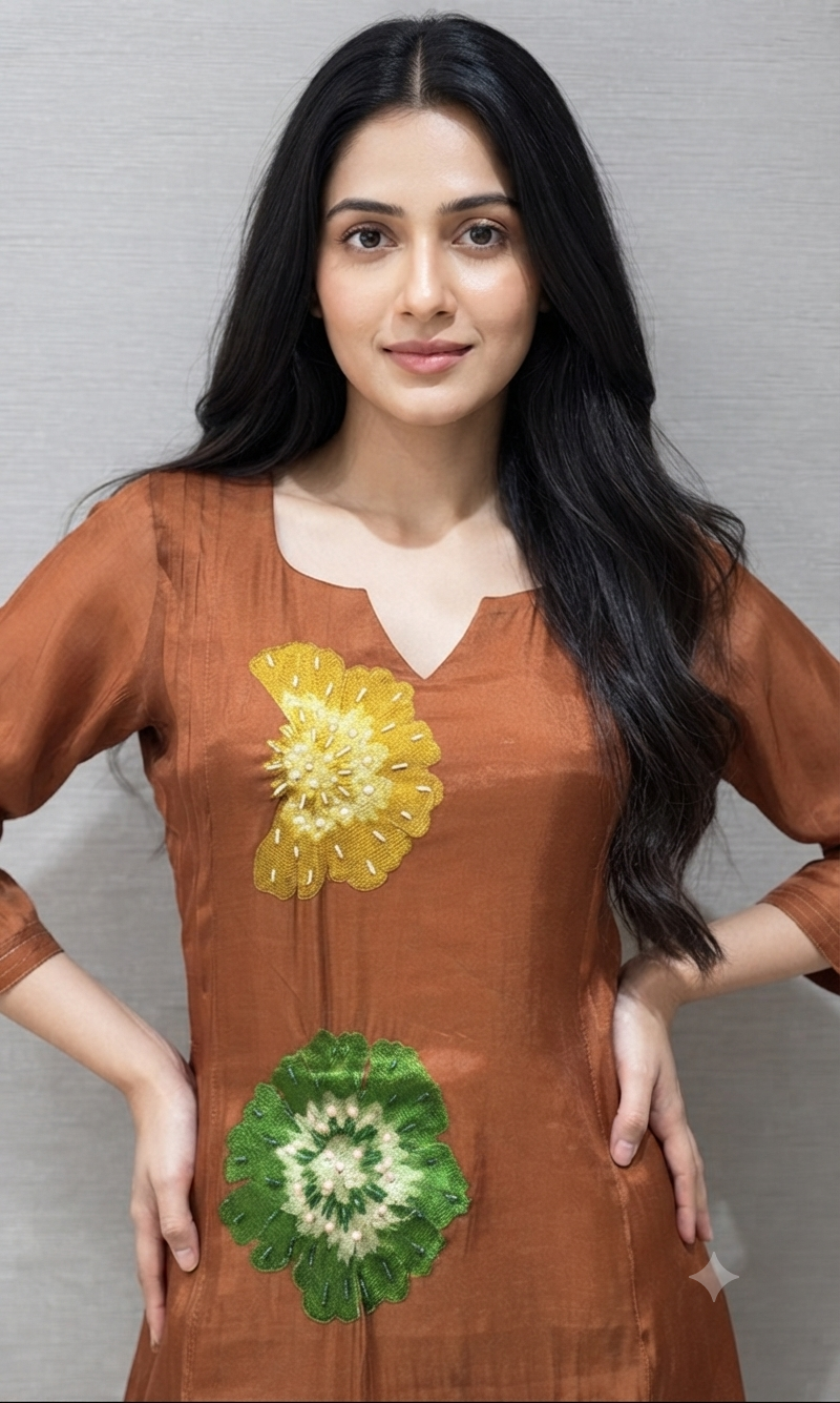 Brown cotton Floral Motif Kurta set with dupatta