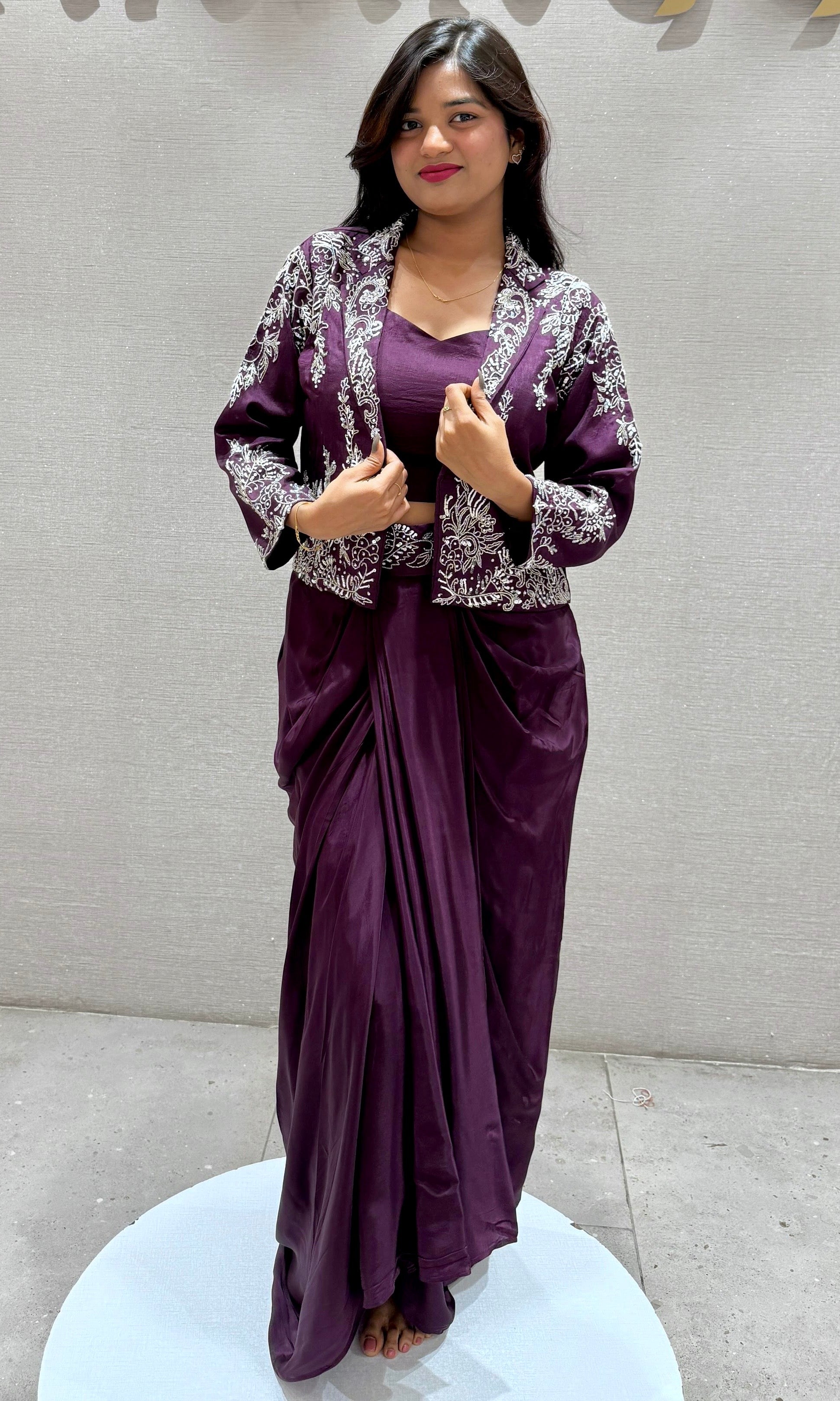 Wine 3 PIECE INDO WESTERN DRESS, COAT CROP TOP SKIRT