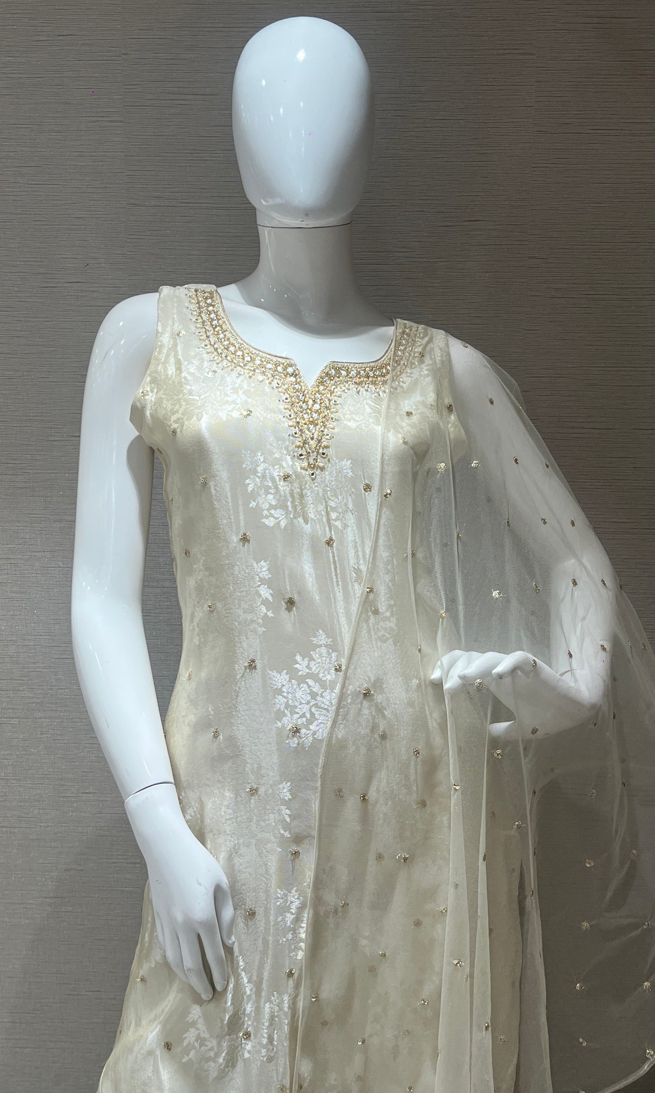 Cream and Gold Embroidered Kurta Set