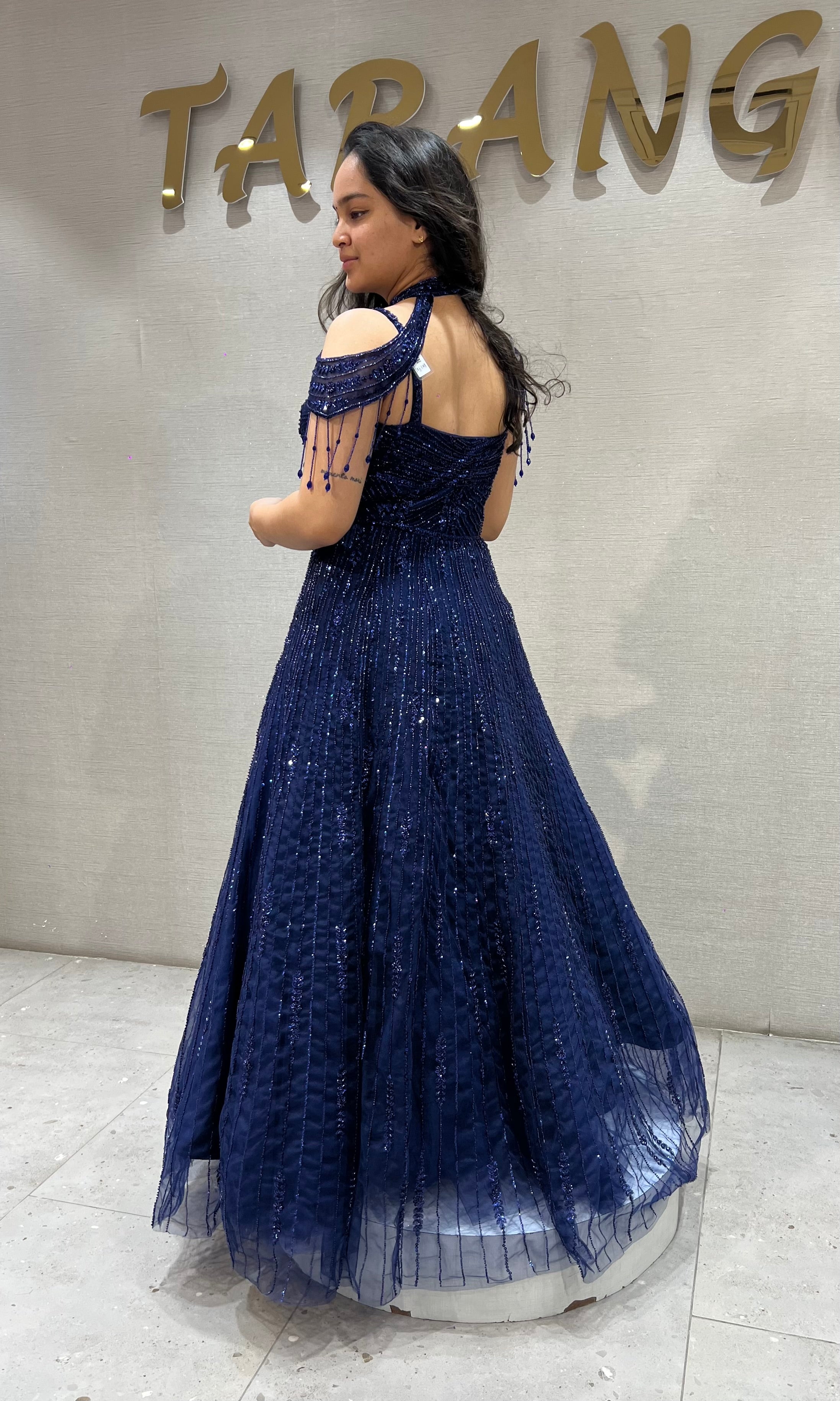 Royal Blue Halter Neck Ballgown with Sheer Cap Sleeves