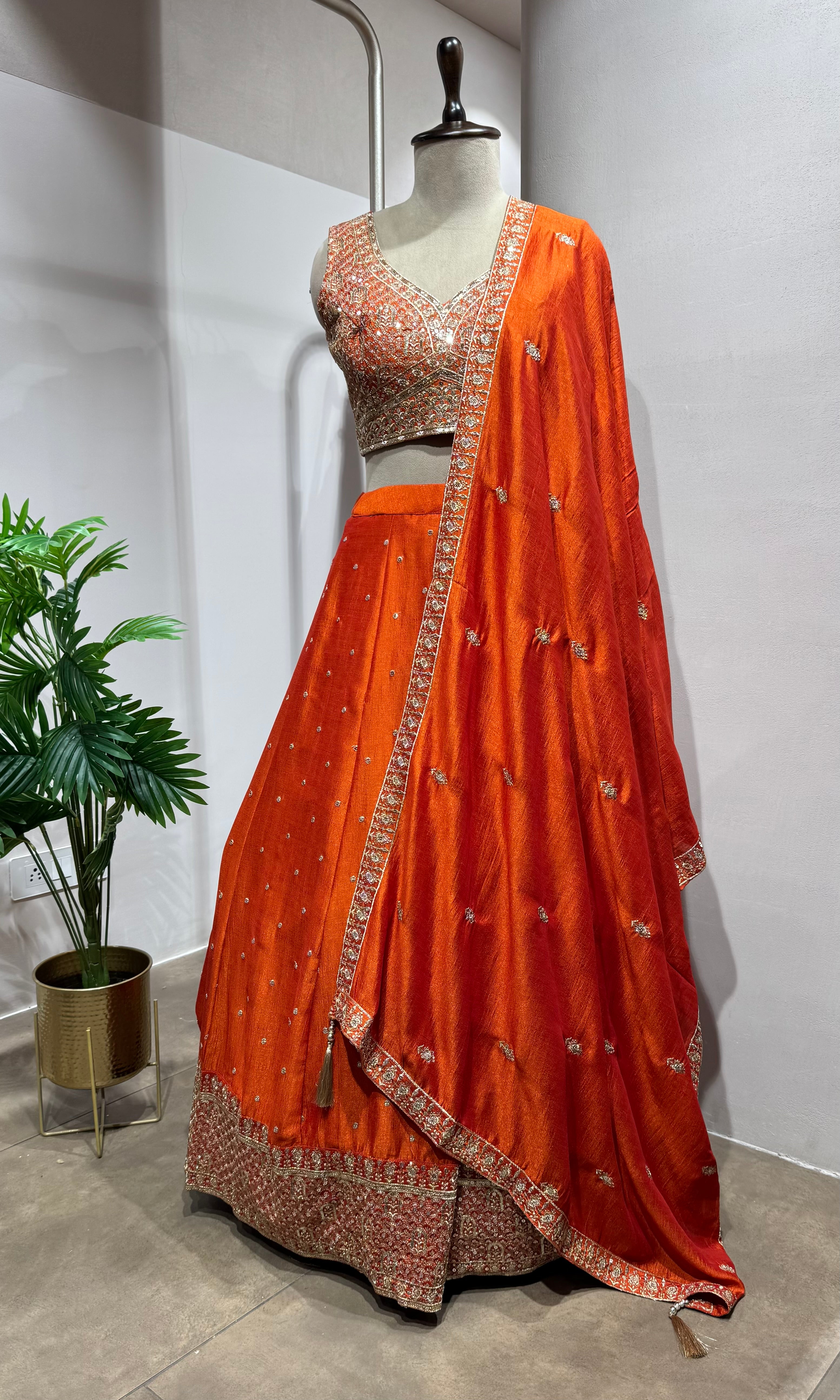 Orange Silk Zari Embroidery lehenga set